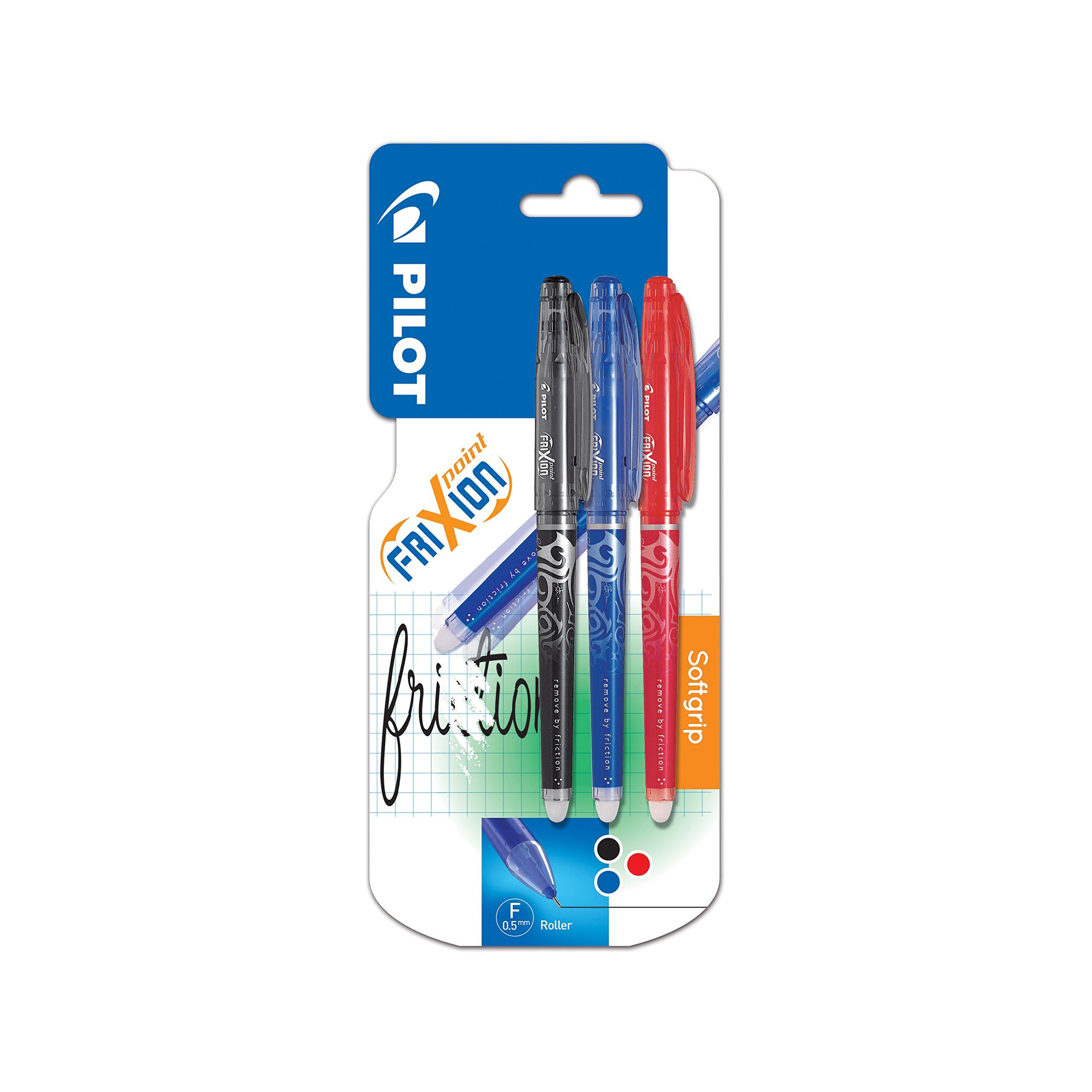 Pilot FriXion - Bolígrafo roller de gel de tinta borrable (3 unidades), color negro, rojo y azul