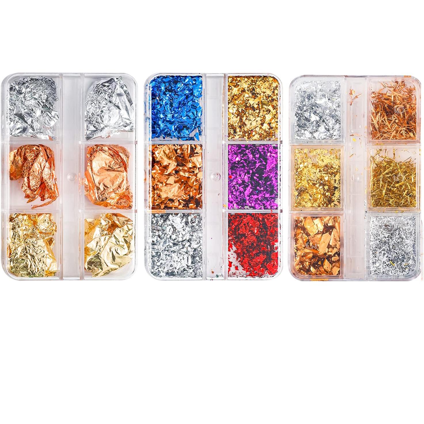 3 Cajas Pan de Oro, Copos de Lamina de Colores Brillando, Decoración De Uñas, Cuerpo, Cara, Maquillaje