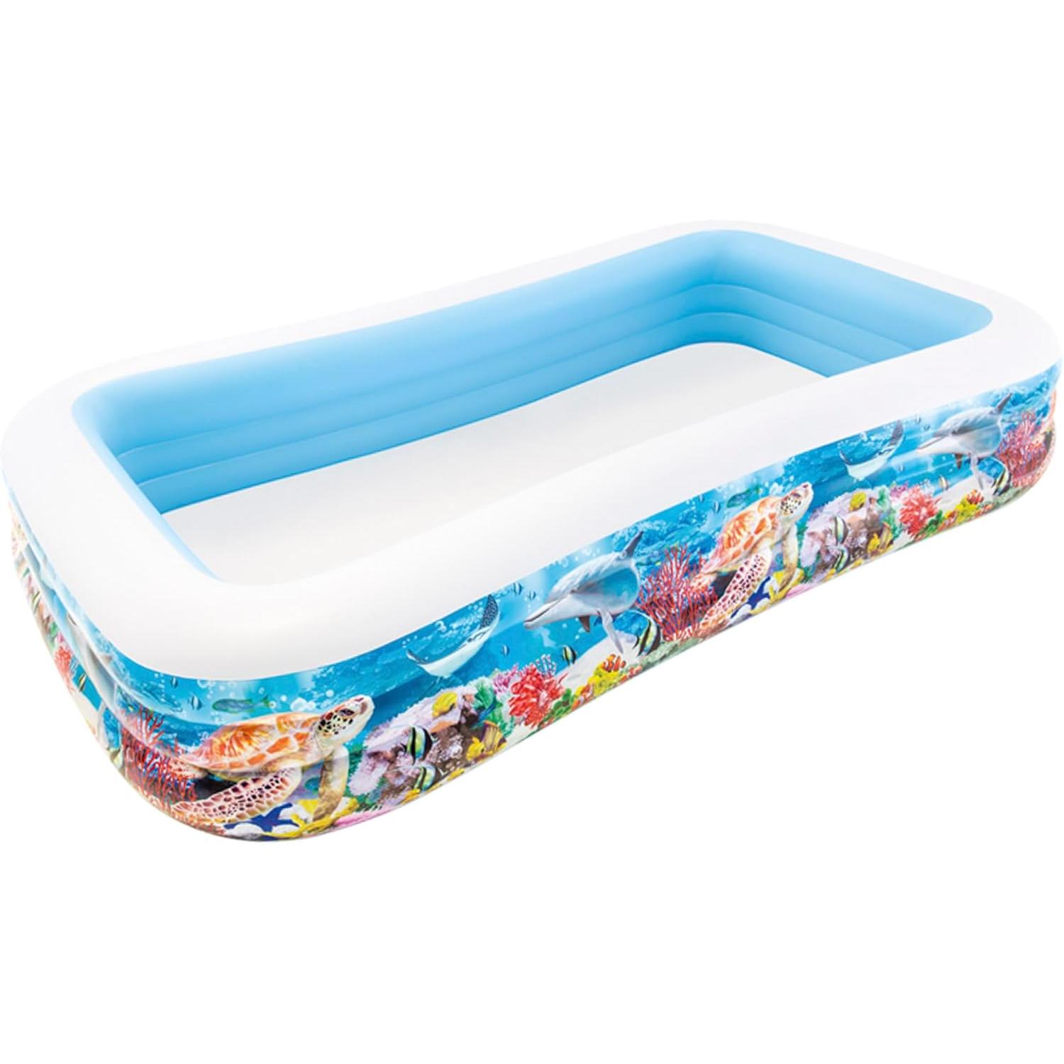 Intex Piscina Hinchable Grande diseño océano, 305x183x56 cm, 1050 litros, 3 cámaras de Aire, Tapón de desagüe, Vinilo Resistente, Uso Exterior, Ideal jardín y Verano, Parche Incluido, +6 años (58485)