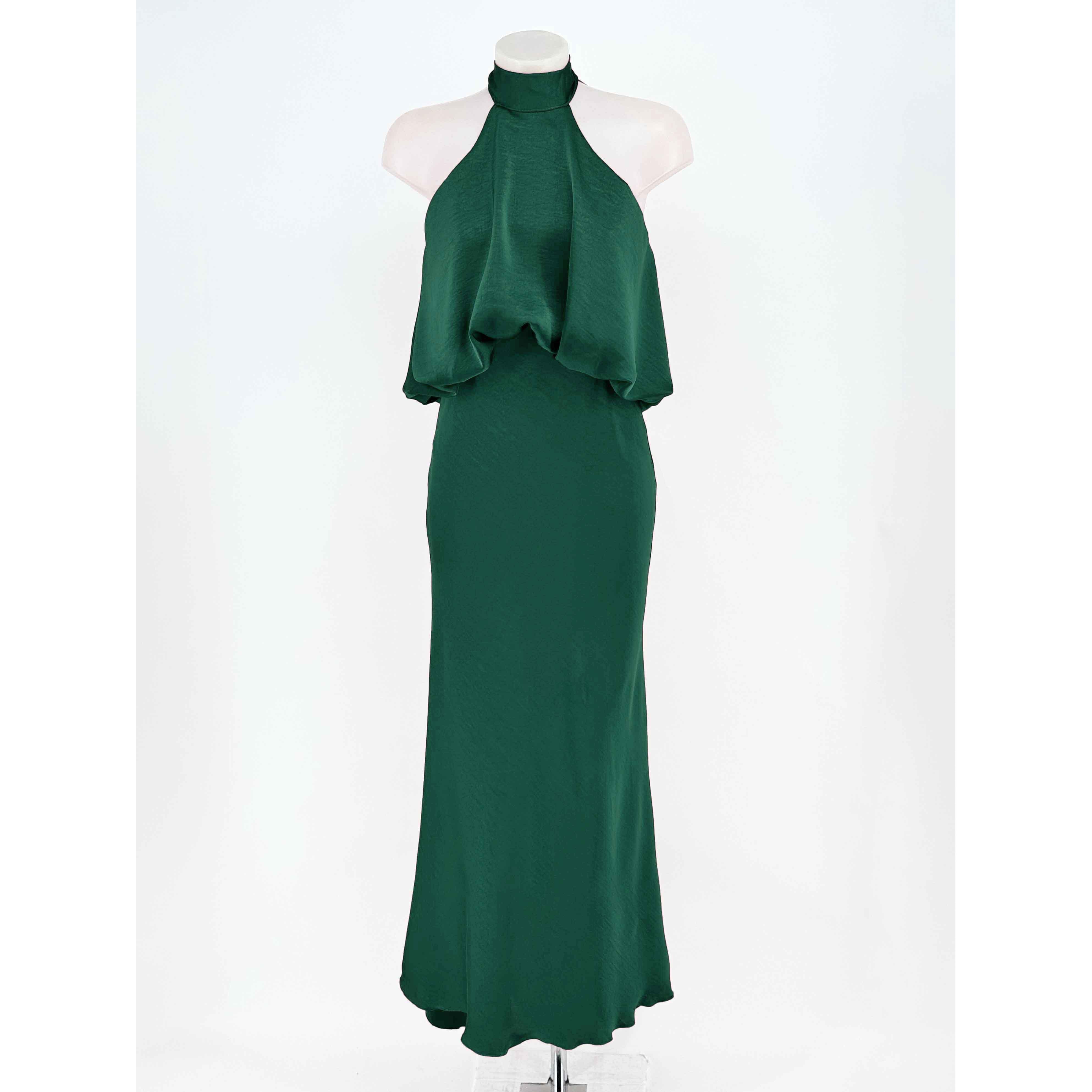 Vestido Largo Satinado Cuello Halter y Espalda Descubierta con Lazada | Elegante Vestido de Fiesta y Eventos Talla Única (34-40)