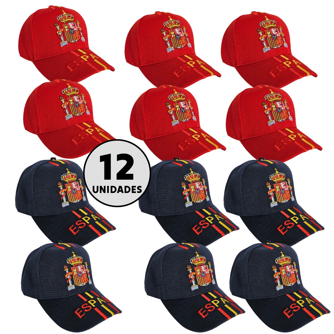 Gorra España Bordado 3D Alta Calidad | Pack 2, 6 o 12 Unidades | Gorra Roja y Azul Ajustable Hombre y Mujer. Kebedo Moda