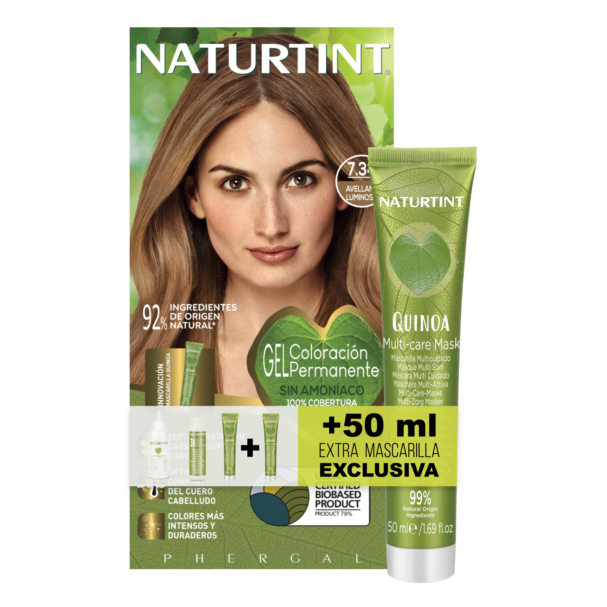 NATURTINT Biobased, Coloración Permanente Sin Amoniaco + Extra Mascarilla 50ml, 100% Cobertura de Canas, Tinte para el Cabello con Ingredientes Naturales, Color Intenso, Natural y Duradero 170ml