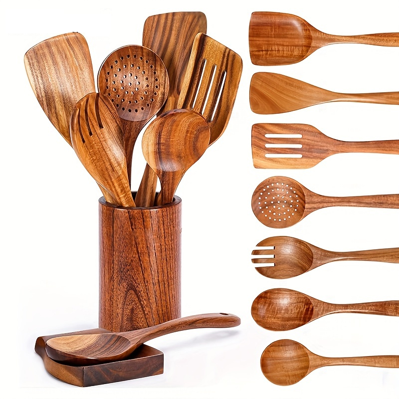 TK Juego de 9 cazas de madera de piezas, utensilios de cocina de madera con soporte