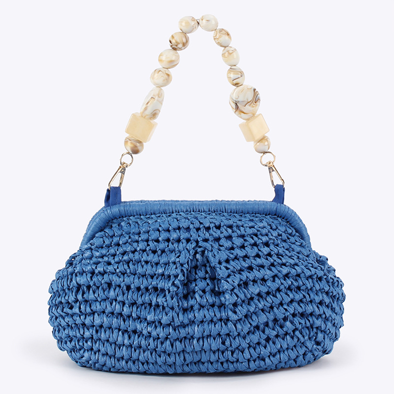 Bolso de playa de verano para mujer, bolso tejido de rafia, bolso hobo elegante con paja de media luna con cuentas, mochila bohemia