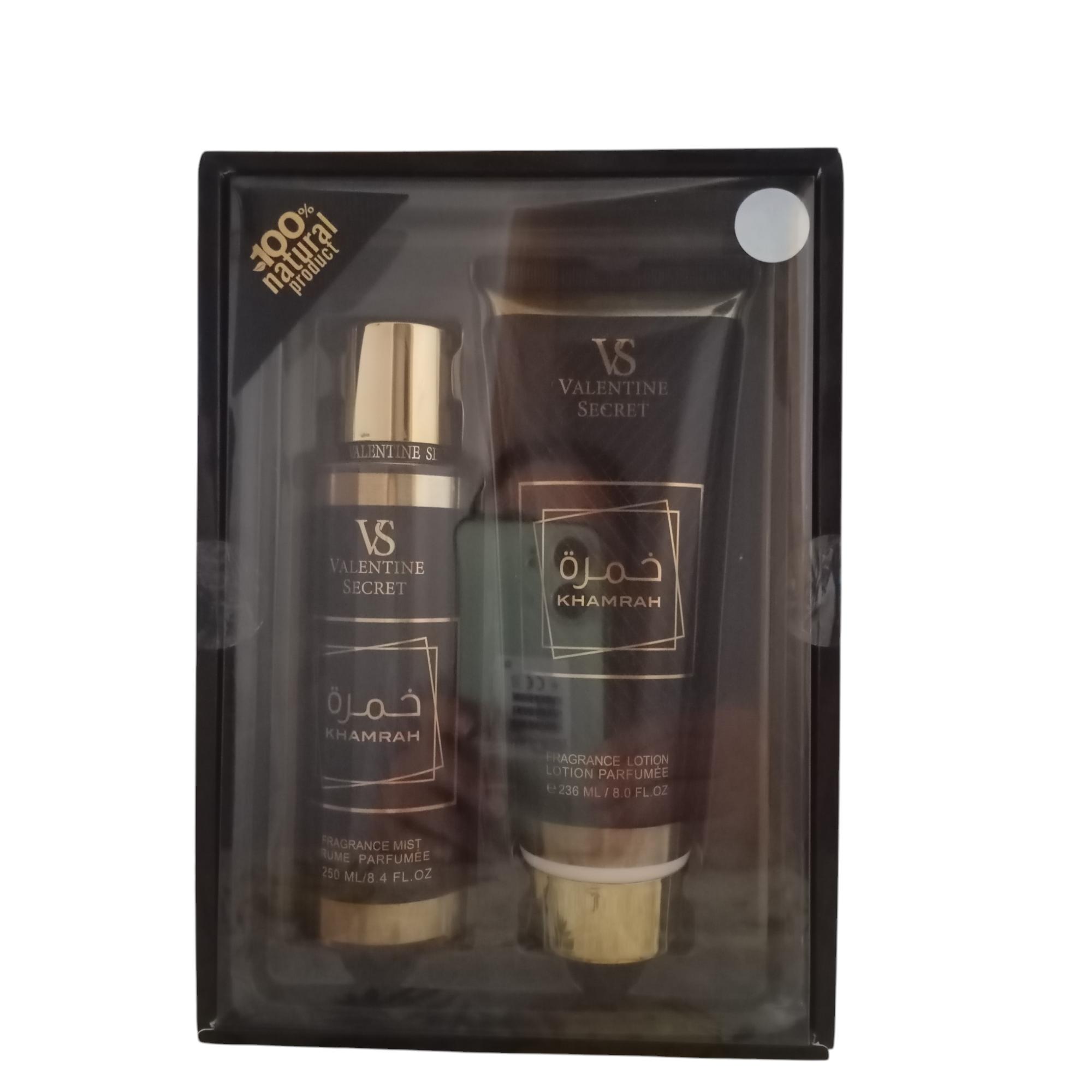 Paquete Khamrah, Valentin Secret Bruma 250ml y Loción 236ml
