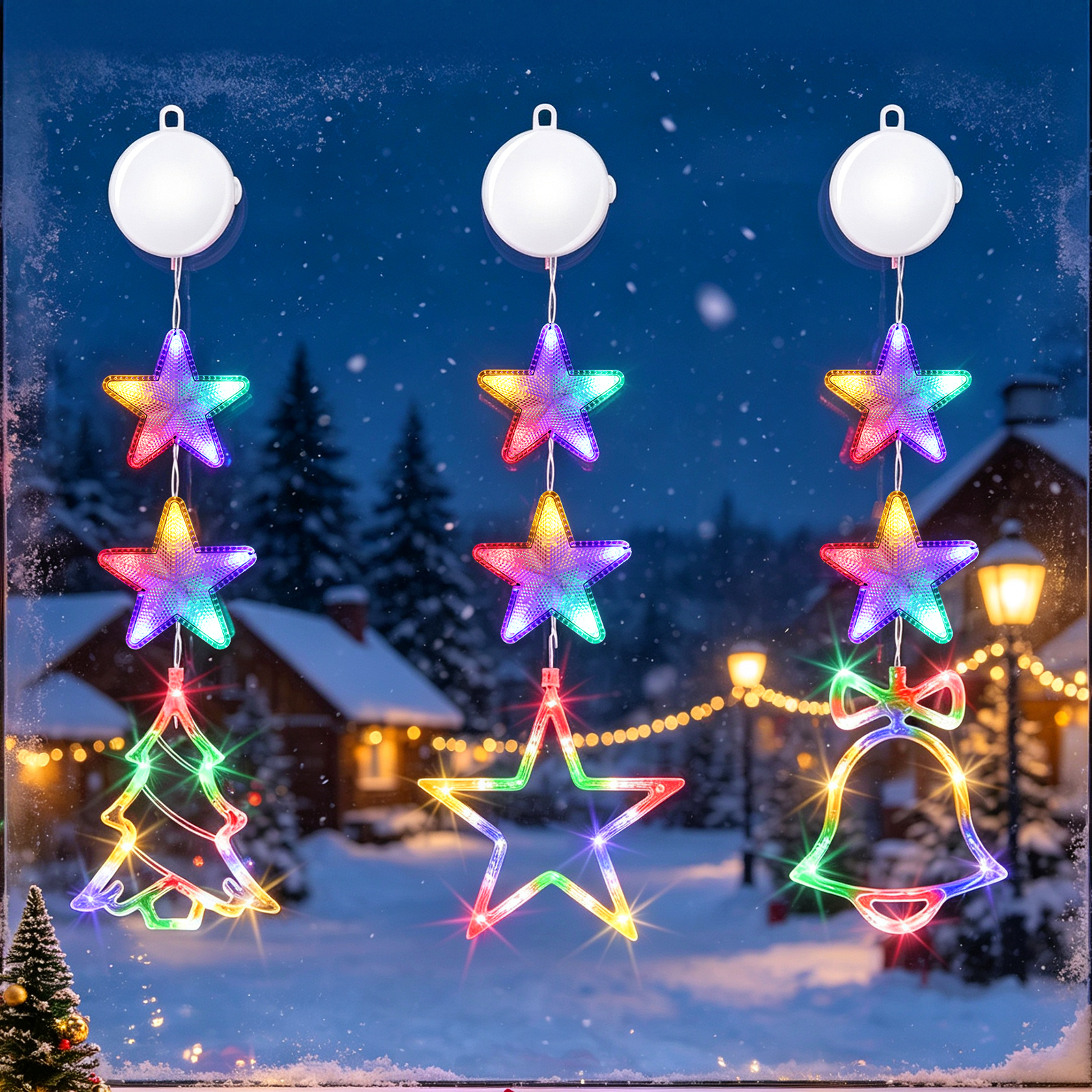Aigostar Luces de Ventana de Navidad, 3 Unidades, (árbol de Navidad,Campana,Estrella), Luces LED de Colores con Ventosas, Luces Decorativas para Interiores, Adecuadas Para Ve