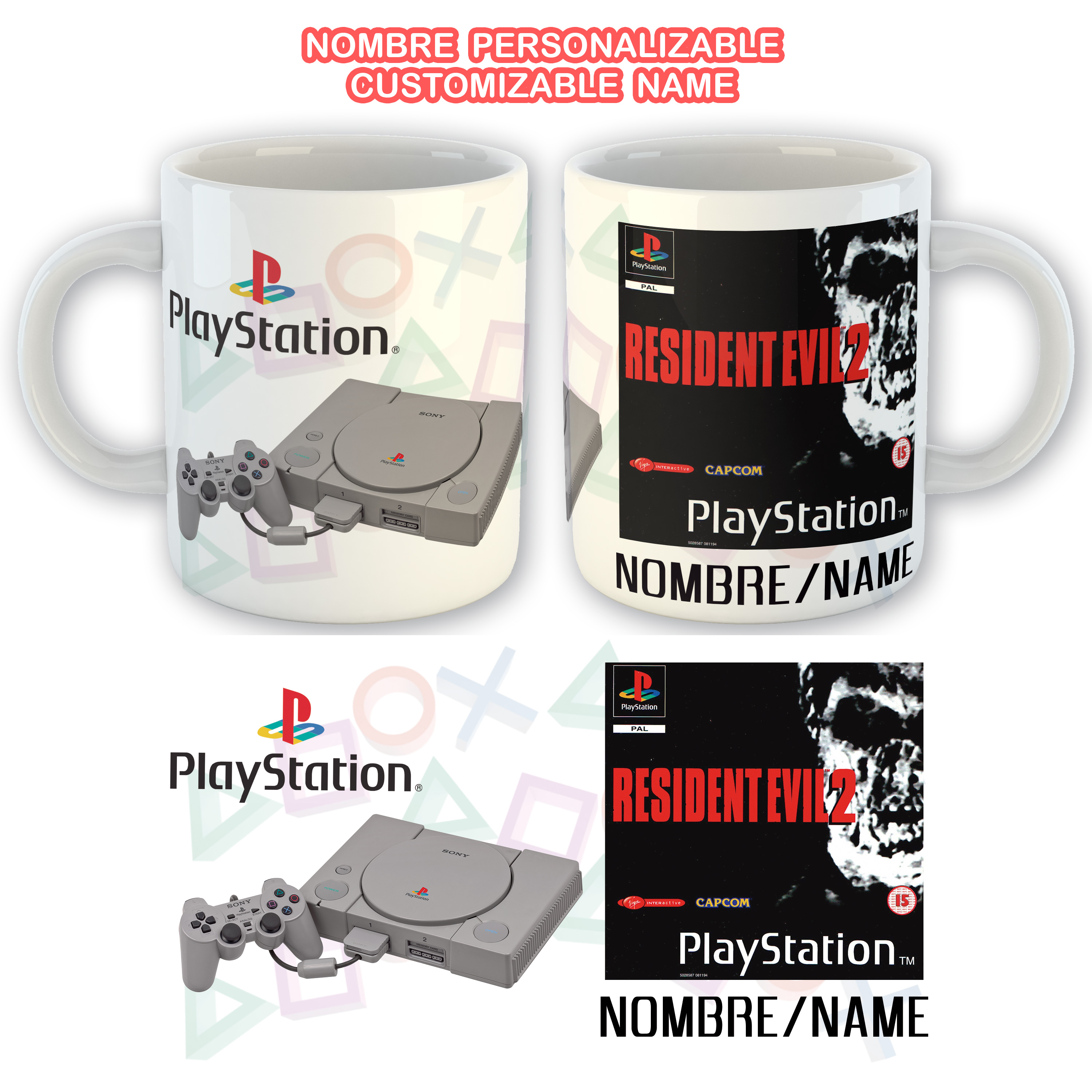 Taza Cerámica Personalizada Resident Evil 2 Playstation añade tu nombre, regalo ideal Orca
