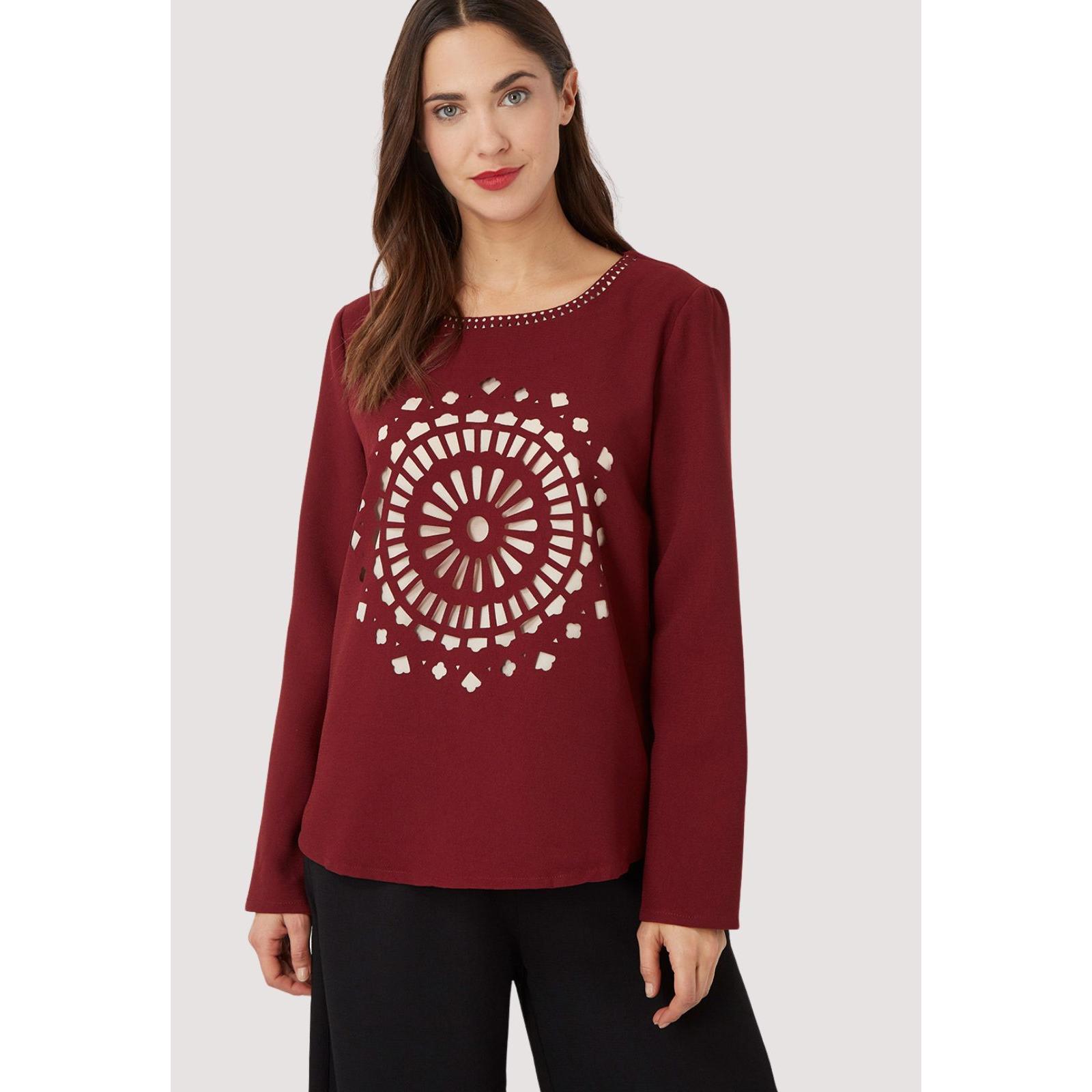 Blusa mujer, camisa gasa, manga larga, cuello redondo, forro integrado, estampado geométrico fantasía, aberturas bajo, cierre cremallera trasera, cómoda, elegante, burdeos, talla 38 ✅Entrega 24/48h