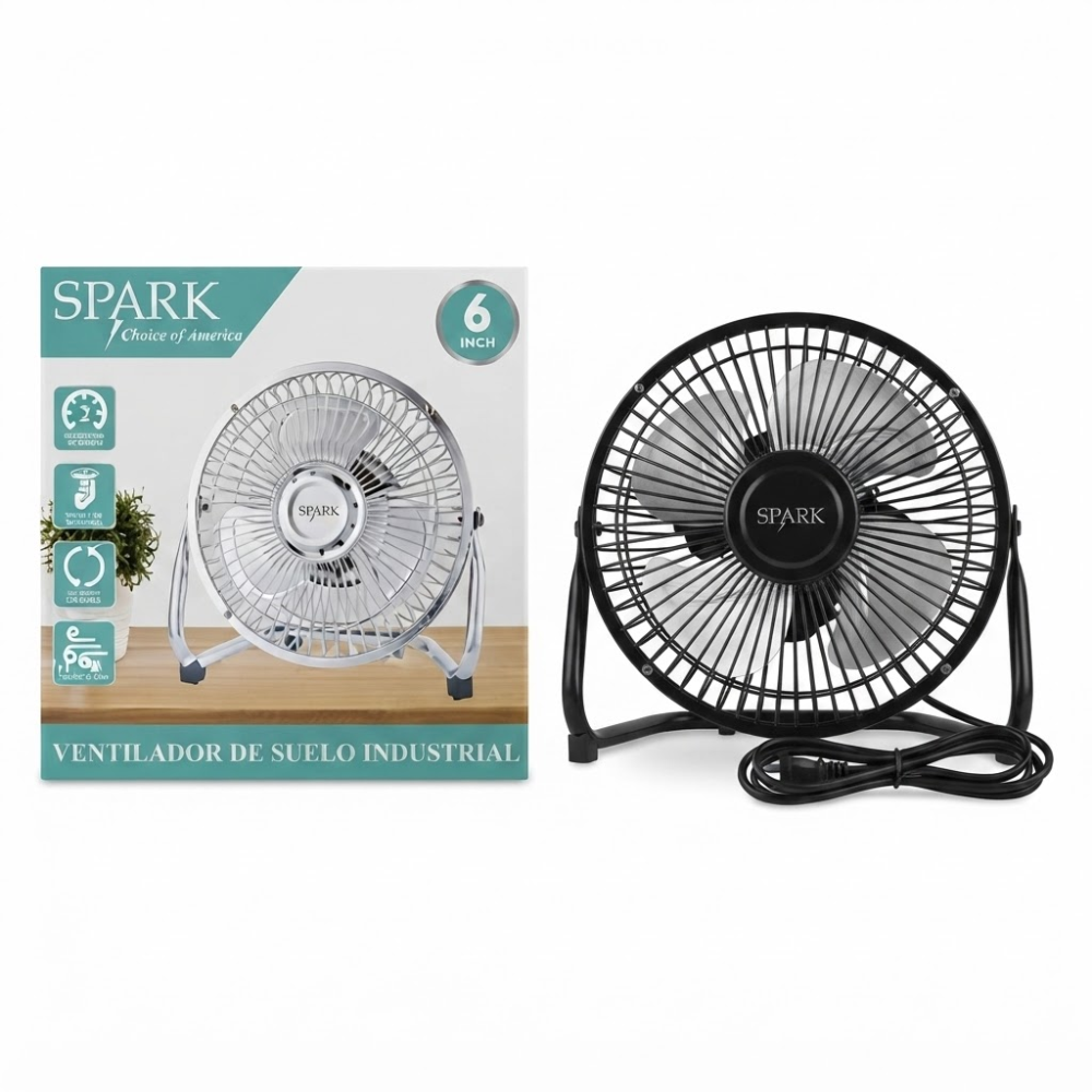 SPARK- VENTILADOR DE SUELO DE 6". 2 AJUSTES DE VELOCIDAD. OPERANCION SILENCIOSA. ROTACIÓN AJUSTABLE. VIENTO FUERTE. POTENCIA 4w. 220 VOLTIOS