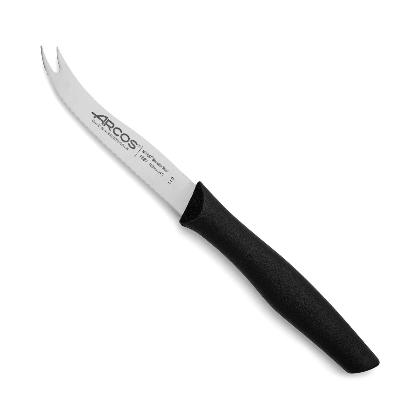 Arcos Cuchillo Corta Queso Hoja Serrada Acero Inoxidable 105 mm - Nitrum para Corte Preciso y Duradero - Mango Polipropileno Negro - Serie Nova