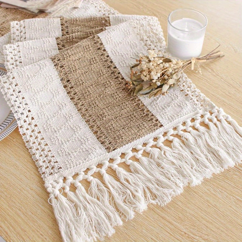 TK Corredor De Mesa Boho 182.88 Cm Largo Color Crema Y Marrón Macramé Con Borlas Blends De Poliéster Para Decoración De Hogar Estilo Rustico Farmhouse