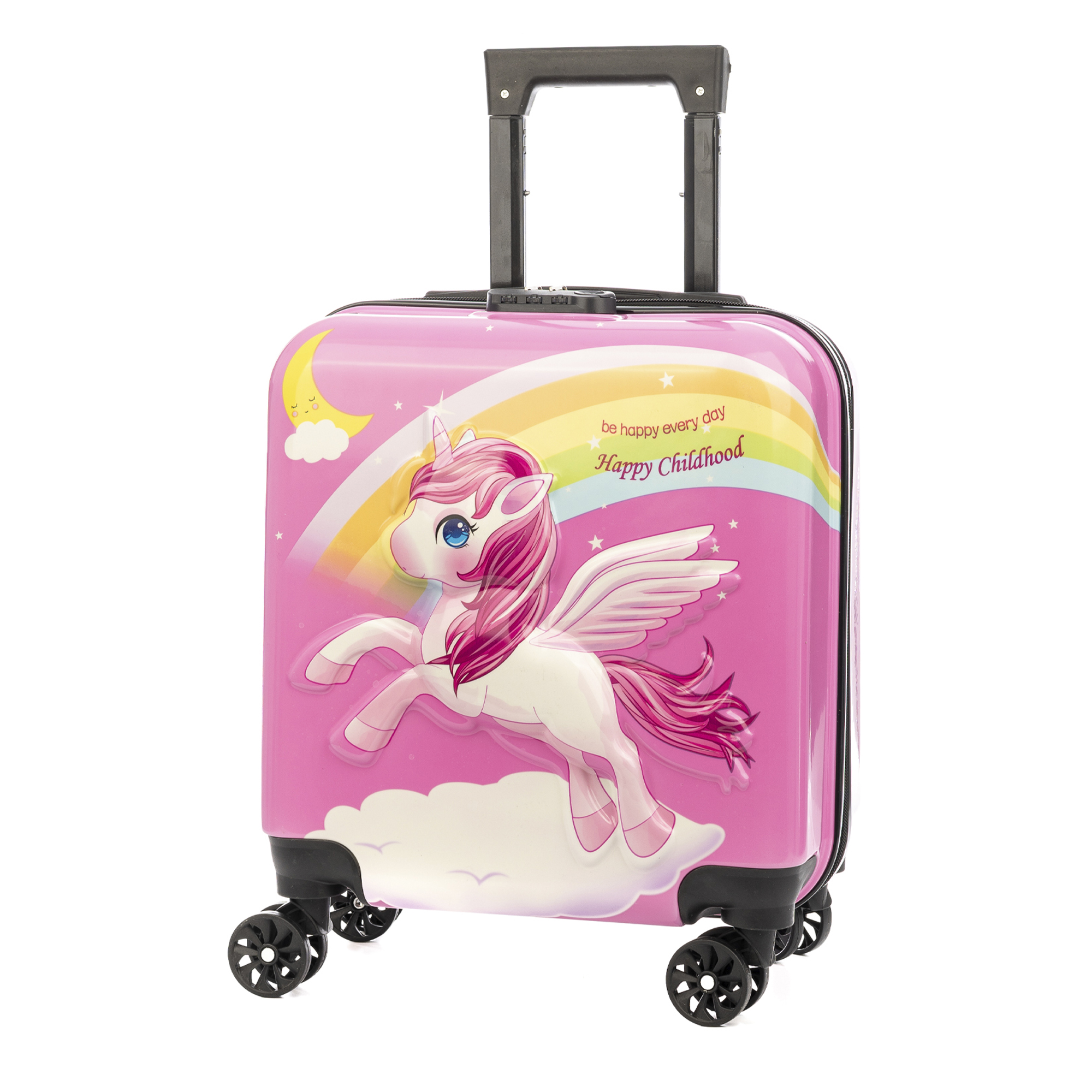 DAM. Maleta trolley infantil en material ligero de ABS de alta resistencia. Cerradura numérica, 4 ruedas dobles giratorias 360°. Diseño de Unicornio. 35x23x45 cm. 35x23x45cm.