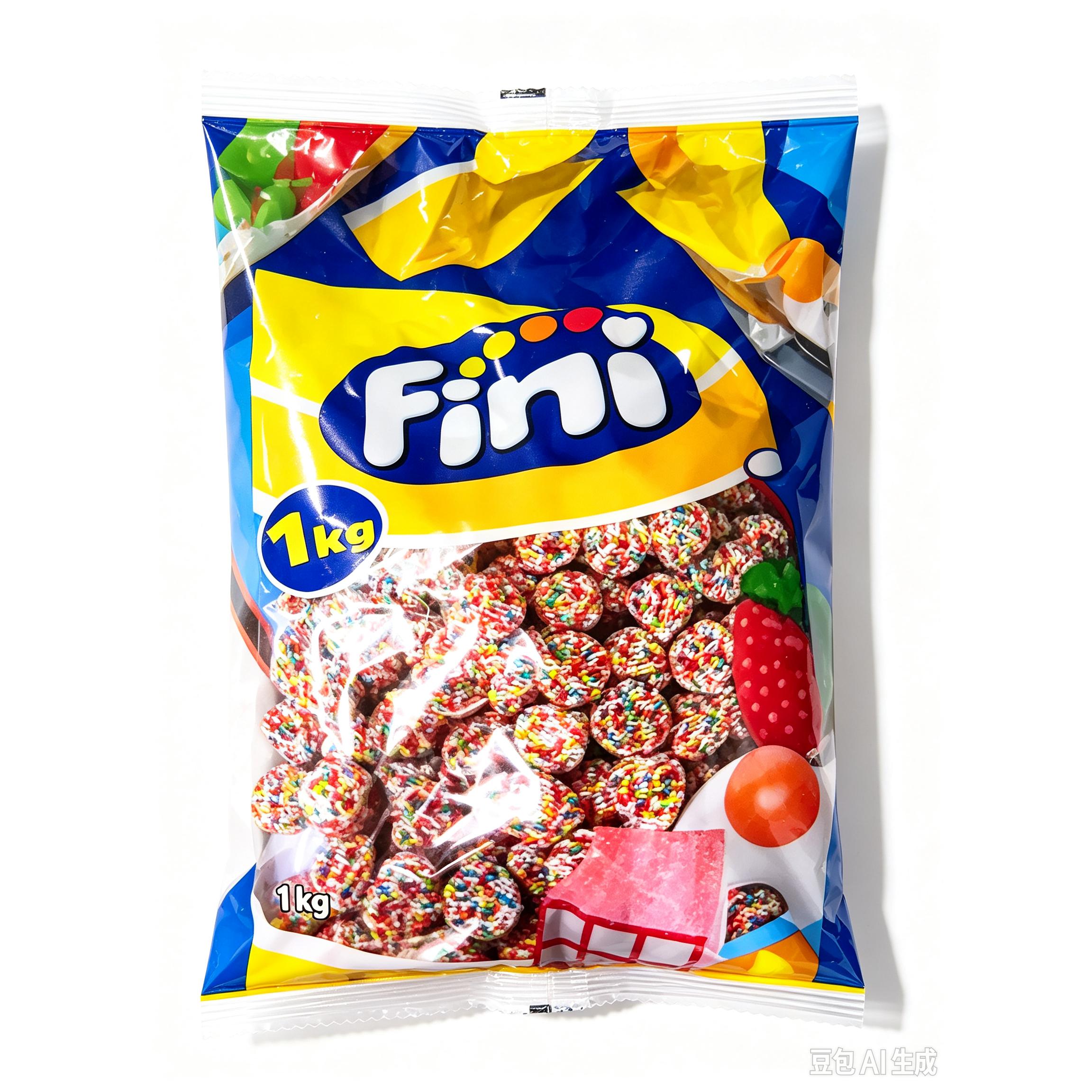 Gominolas Fini Kiss redondas, recubiertas de granitos de colores, sabor fresa y nata. Bolsa de 1kg.