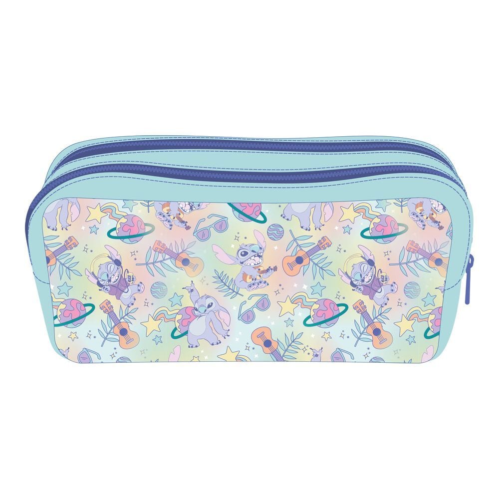 Portatodo Doble Stitch Disney, 2 Compartimentos con Cremallera, Estuche Escolar Infantil para Lapices y Bolis, Ligero y Resistente, Diseño Pastel Azul y Lila, Regalo Original