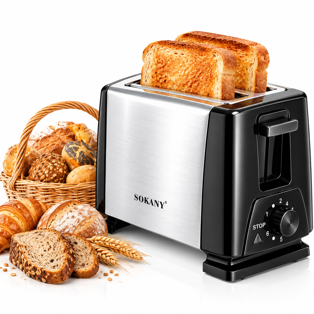 SOKANY Tostadora 2 Ranuras 700W de Acero Inoxidable, Tostador de Pan Eléctrico con Control de Tostado y Función Recalentar, Tostadora Compacta para Pan, Tostadas y Desayuno