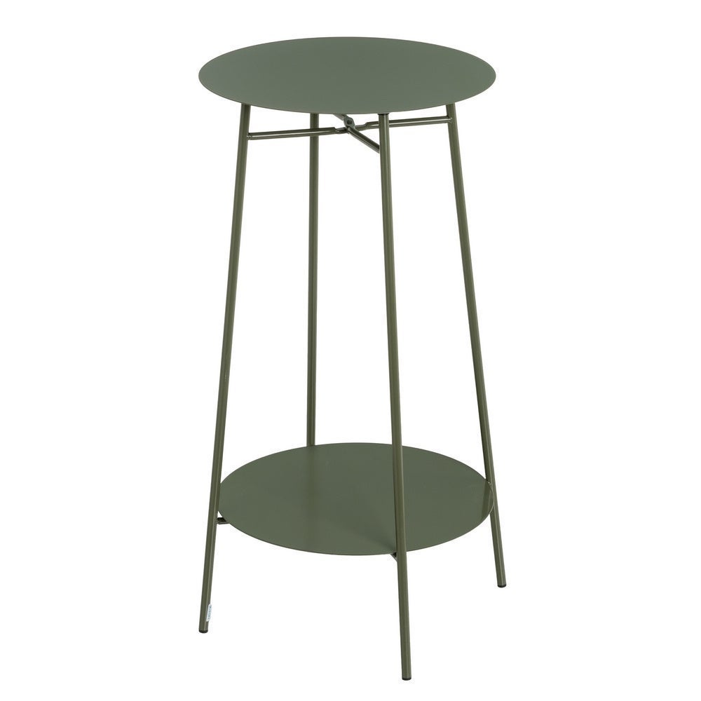 Mesa auxiliar redonda pequeña verde de metal. Ancho 30 cm. Altura 60 cm Resistente diseño de estilo industrial. Soporta hasta 10 Kg de peso. Muy útil para rincones y espacios reducidos. CasaSelección