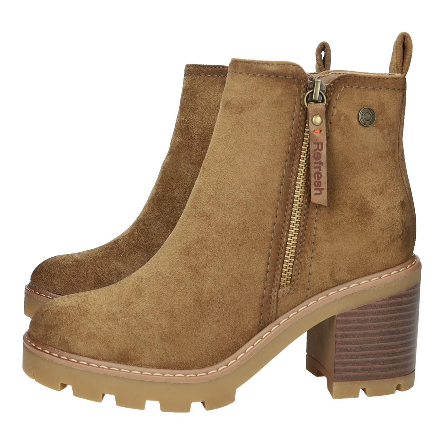Refresh brand ankle boots for women in camel color. Refresh women's ankle boots with zipper, camel suede, wide heel, comfortable and modern for autumn-winter
