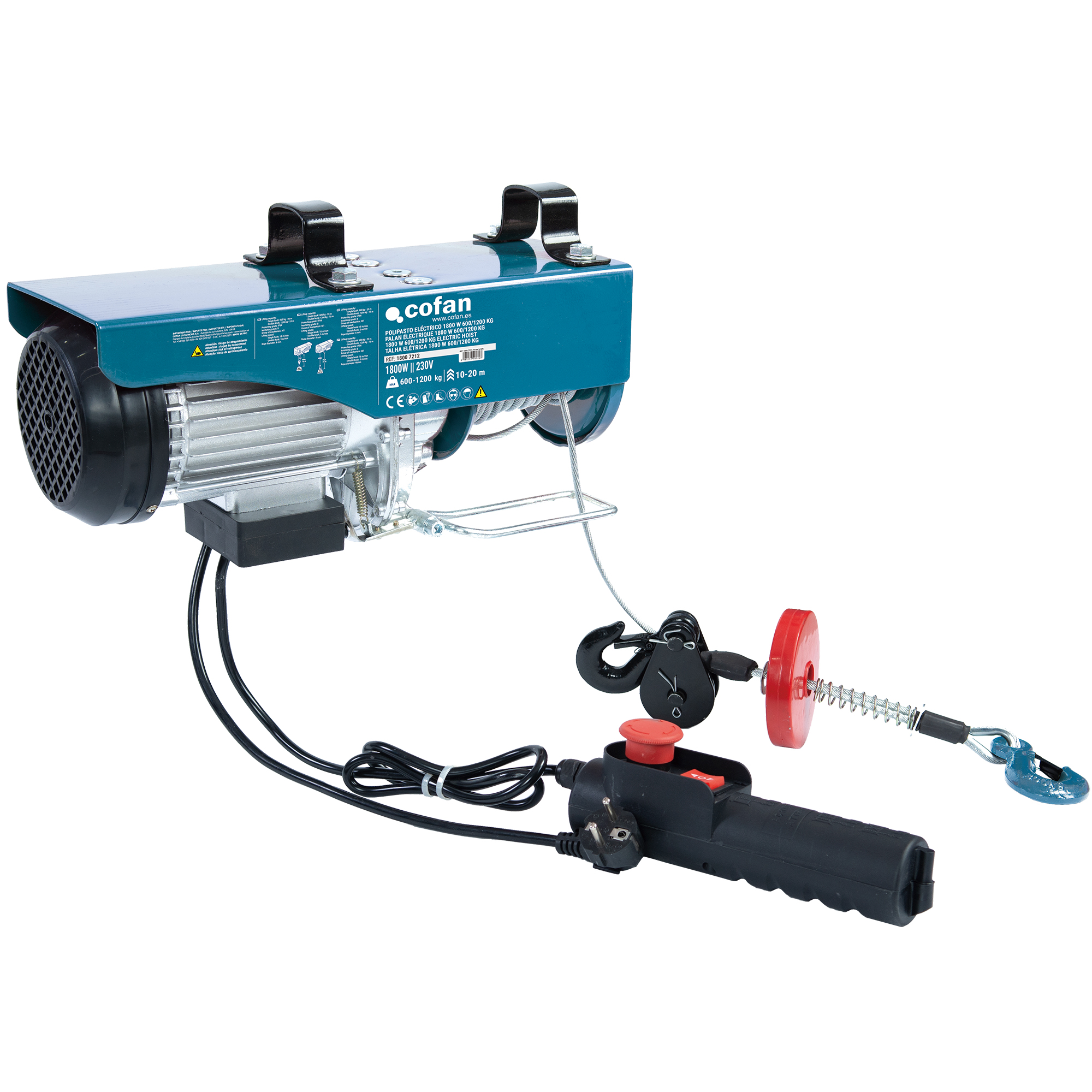 Cofan Polipasto eléctrico 1800 W | Capacidad de carga: 600/1200 kg | Altura de elevación: 10/20 m | Parada de emergencia | Incluye mando | Protección IP54