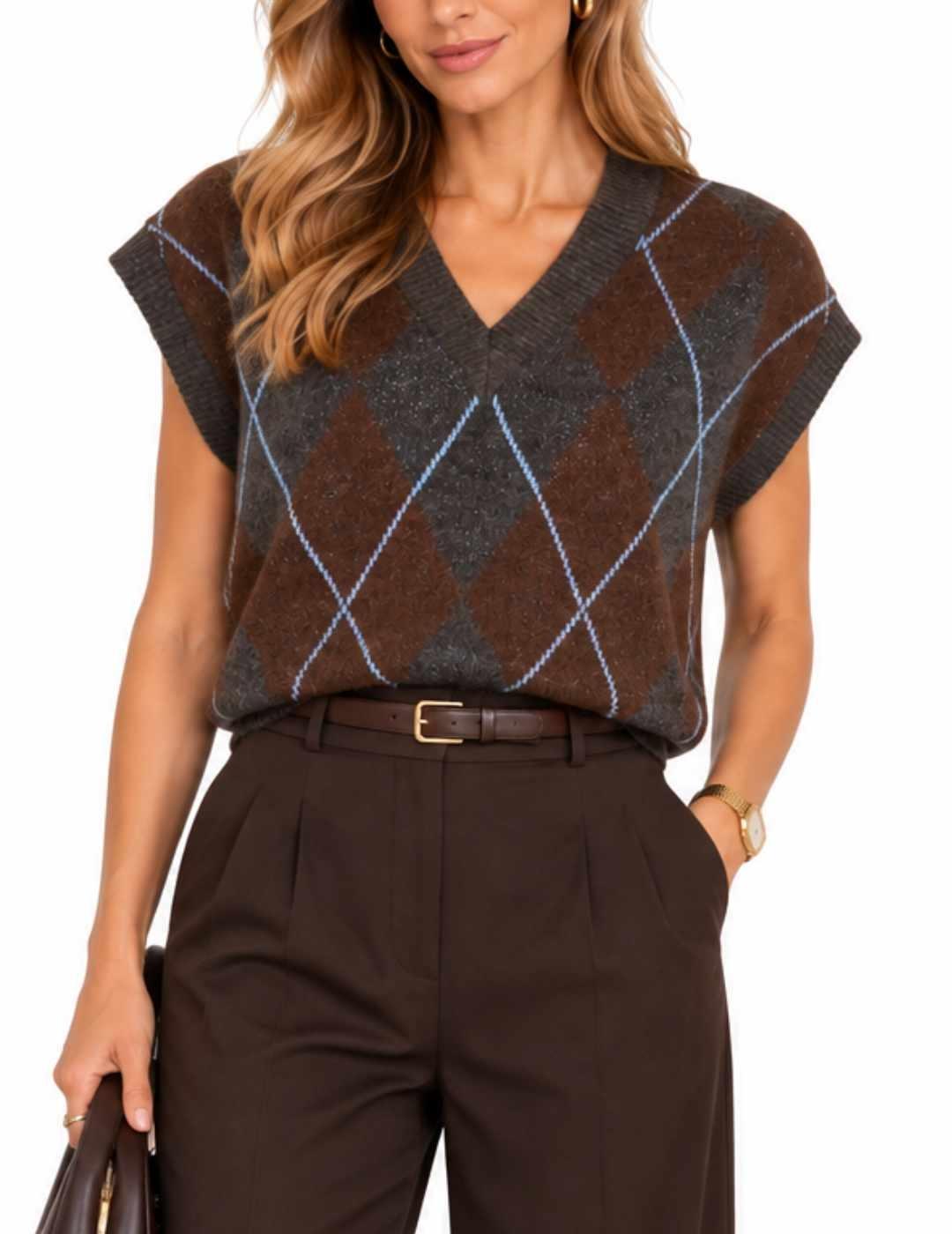 Chaleco Vila Argyle marrón y gris rombos oversize para mujer