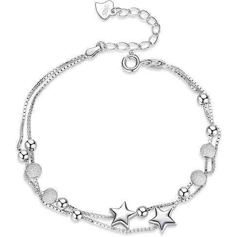 Pulsera de Estrella 2 en 1 Para Mujer y Niña, Cadena de Plata de Ley, Cuenta DE LA Amistad y Cierres Ajustable, Anillo Multicapa, Pregano de Aniversario.