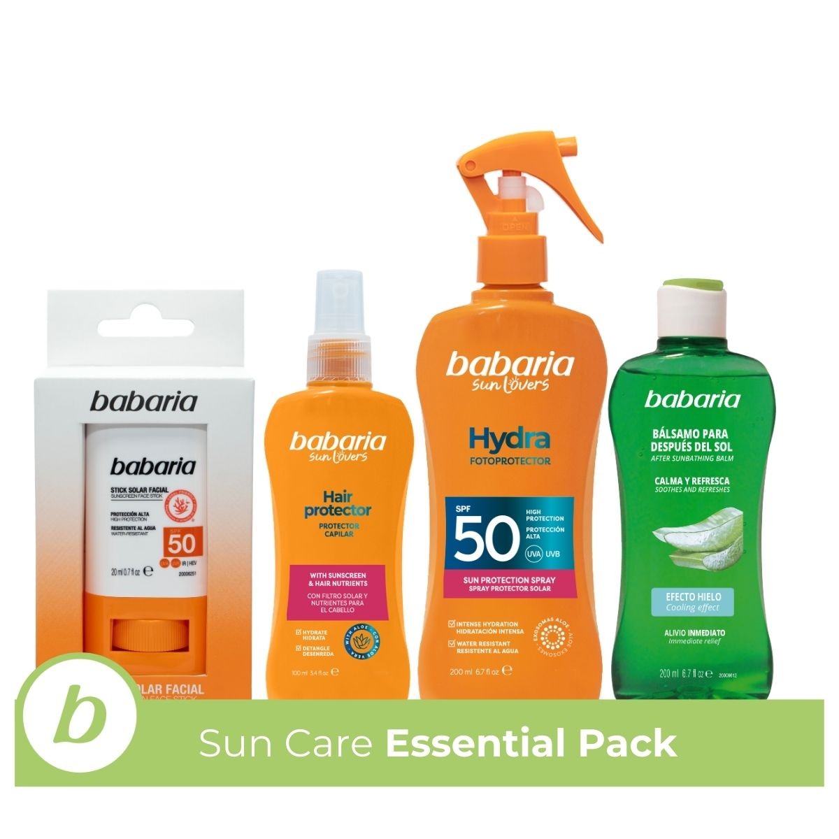 Babaria - Stick Solar Facial 50 + Aftersun + Protector Solar 50 Cuerpo en Spray + Solar Capilar | Coral Friendly y Biodegradable| Resistente al Agua | Vegano | 200 ml