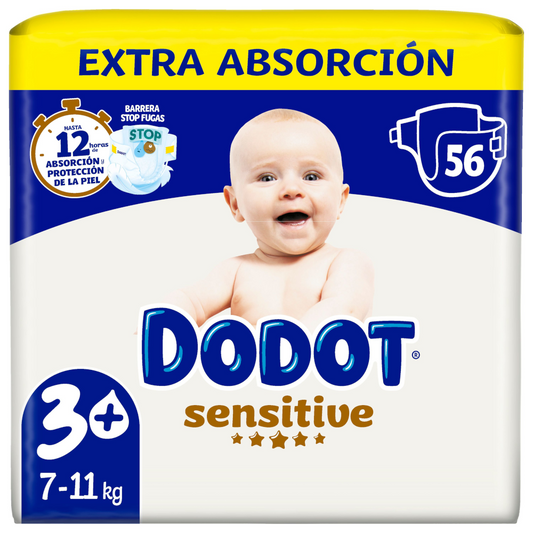 Dodot Bebé-Seco Pañales Talla 3+, 6kg-10kg, 56 pañales, Garantizan Hasta 12 Horas Seco