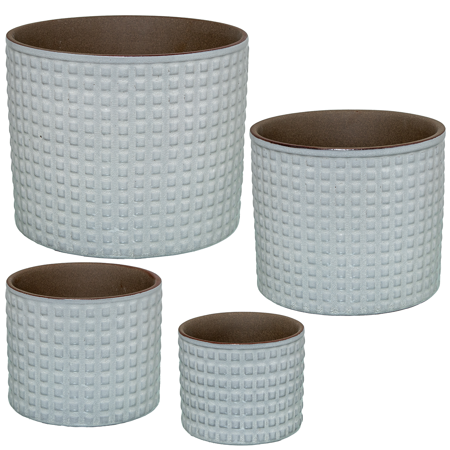 Set 4 maceteros ceramica blanco decoración cuadraditos 22x18 y 18x12 y 14x12 y 11x9cm