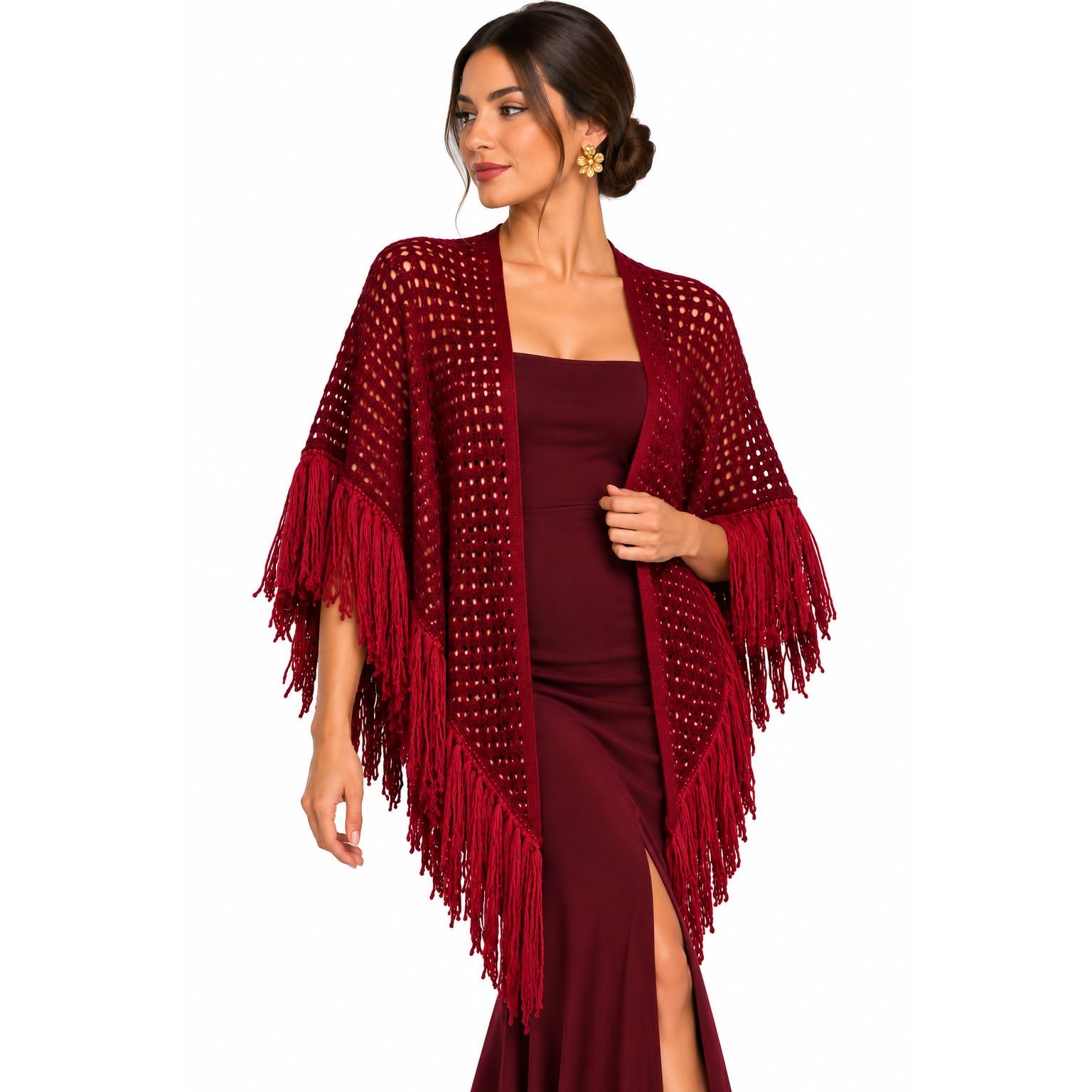 Poncho de Punto Calado para Mujer con Flecos Largos – Elegante para Fiesta, Feria y Uso Diario – 200 x 95 cm