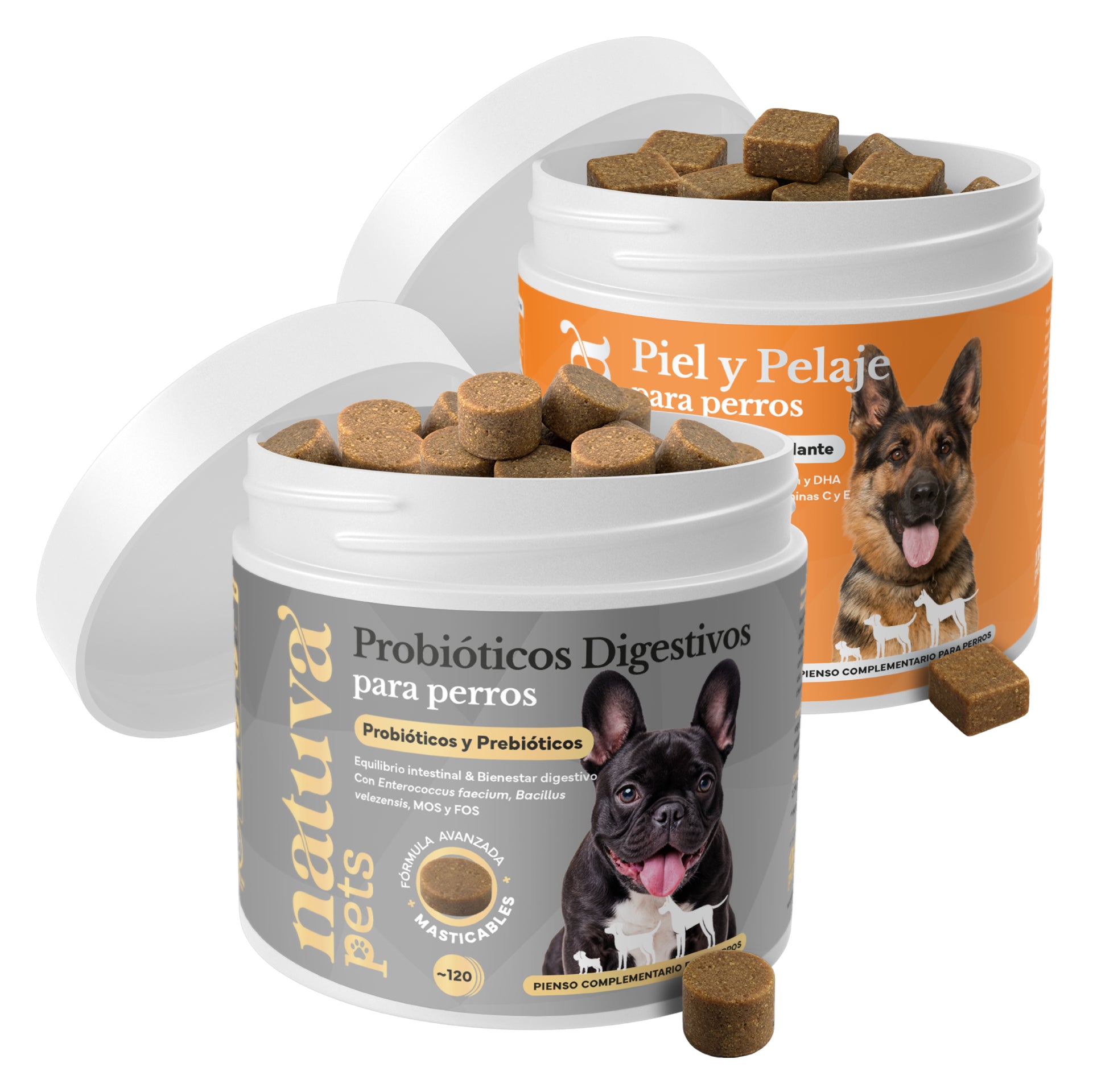 Probióticos para Perros + Piel y Pelaje - Pack Duplo Natuva Pets (240 Masticables) - Digestión, Pelo Brillante y Piel Sana - Omega 3 con Aceite de Salmón, Biotina y Zinc