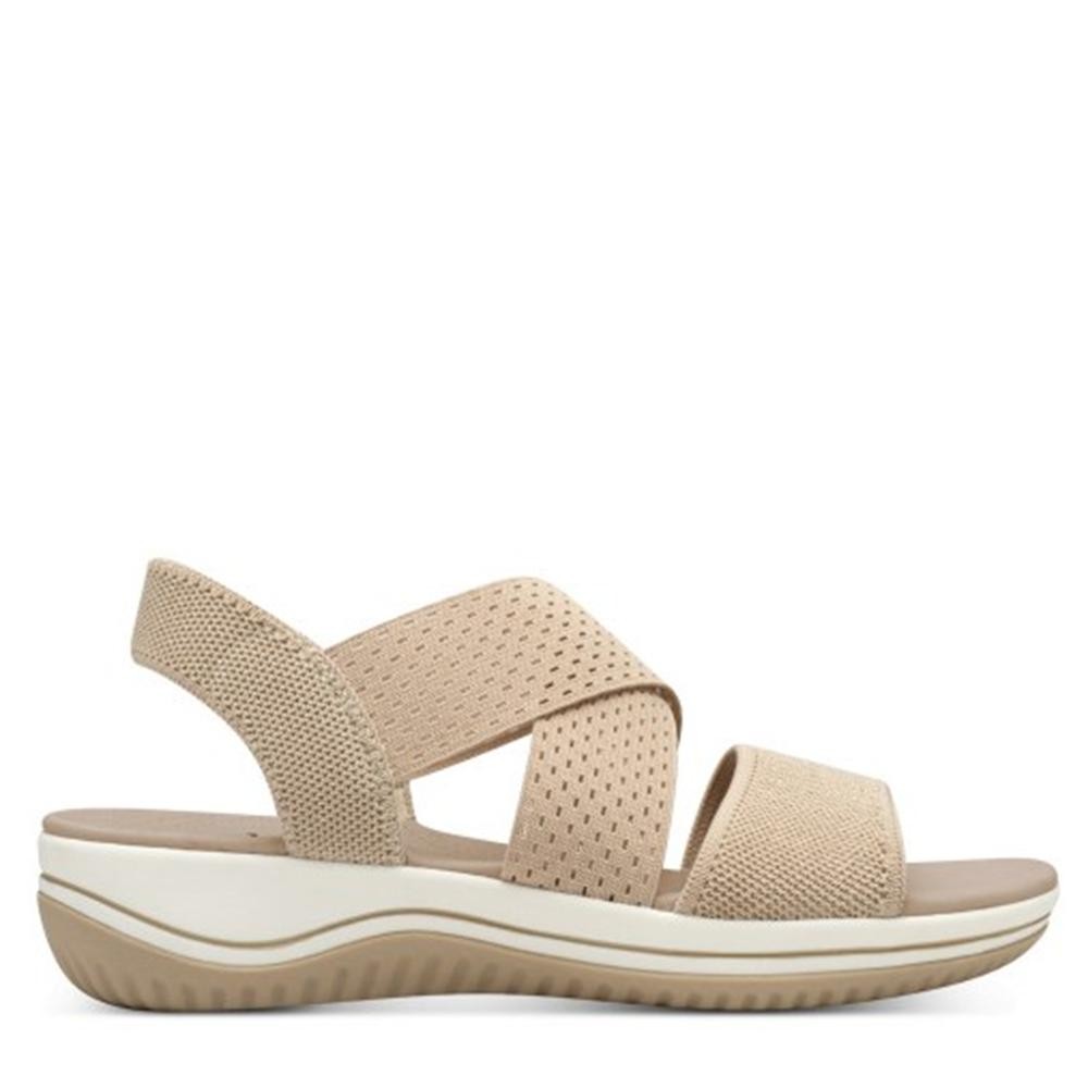 Cómoda  Cómoda sandalia mujer con CERTIFICADO VEGANO de JANA 28768 en suave tejido elástico beig que se adapta al pie Planta anatómica acolchada. Cuña antideslizante. Altura Tacón bajo (1-3 cm) Referencia 28768-42-499