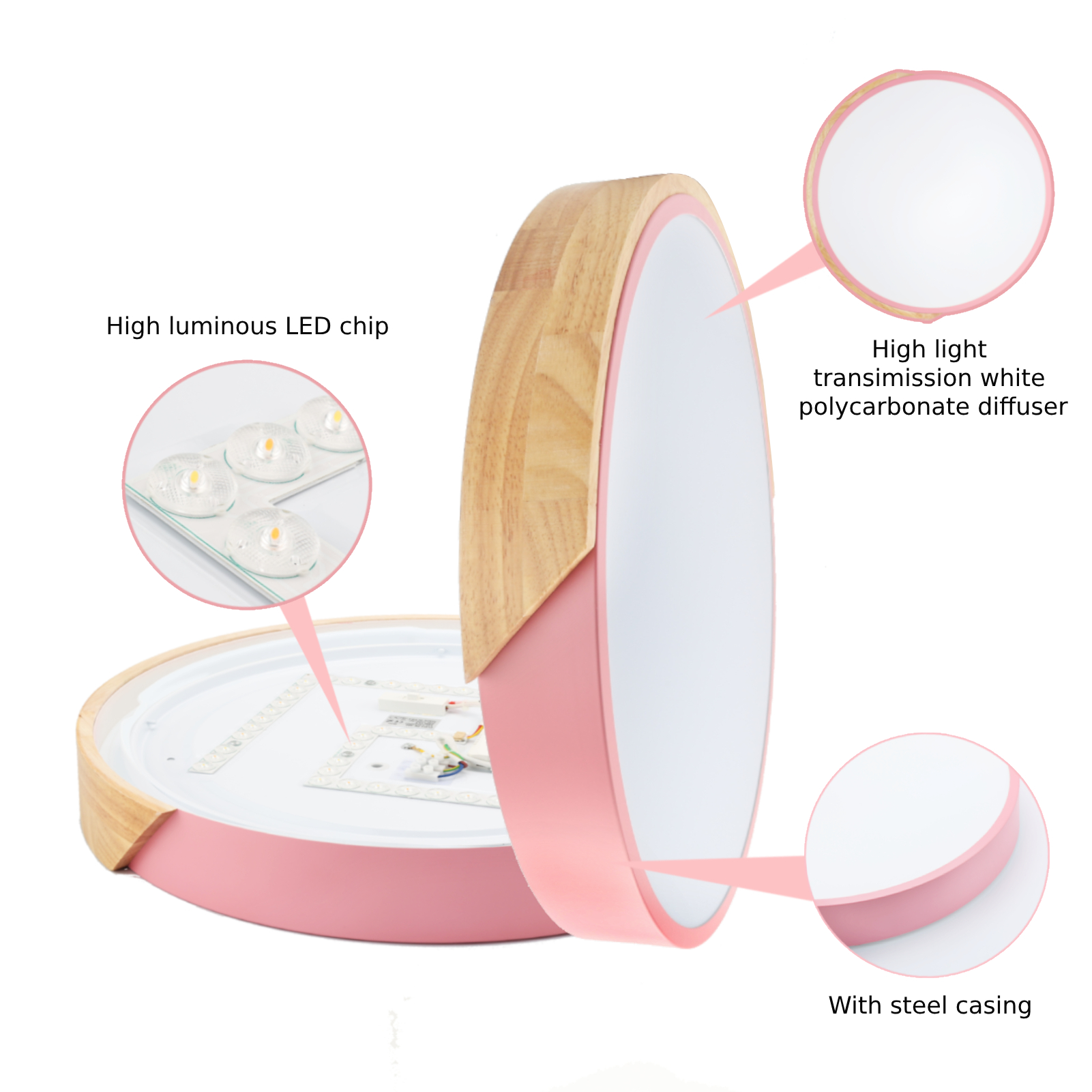 ALPINALUZ Plafón LED Circular Ø40cm, 30W, 3000LM, Metal y Madera Natural, Luz Seleccionable (3000K-4000K-6000K)