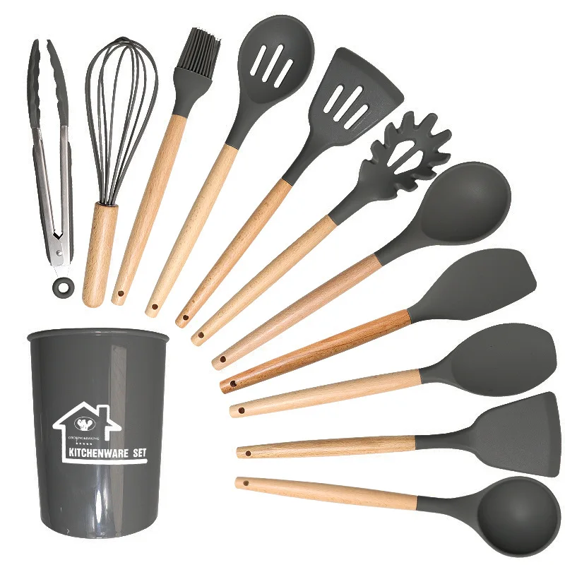 TK Set De Utensilios De Cocina Ecológicos De Silicona 12PCS Con Manos De Madera Antiadherentes Para Revólver