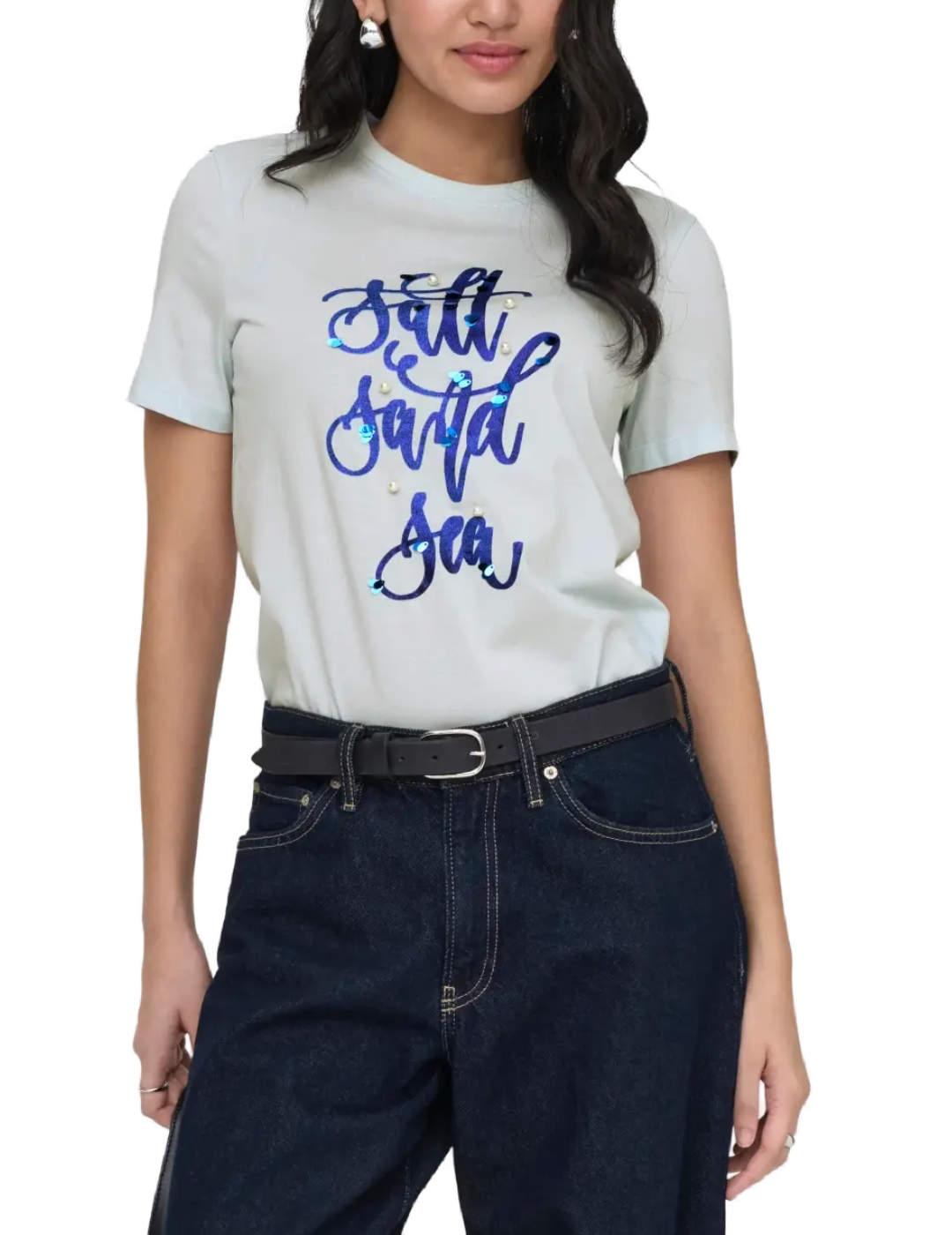 Camiseta Only Kita blanca letras azul manga corta para mujer