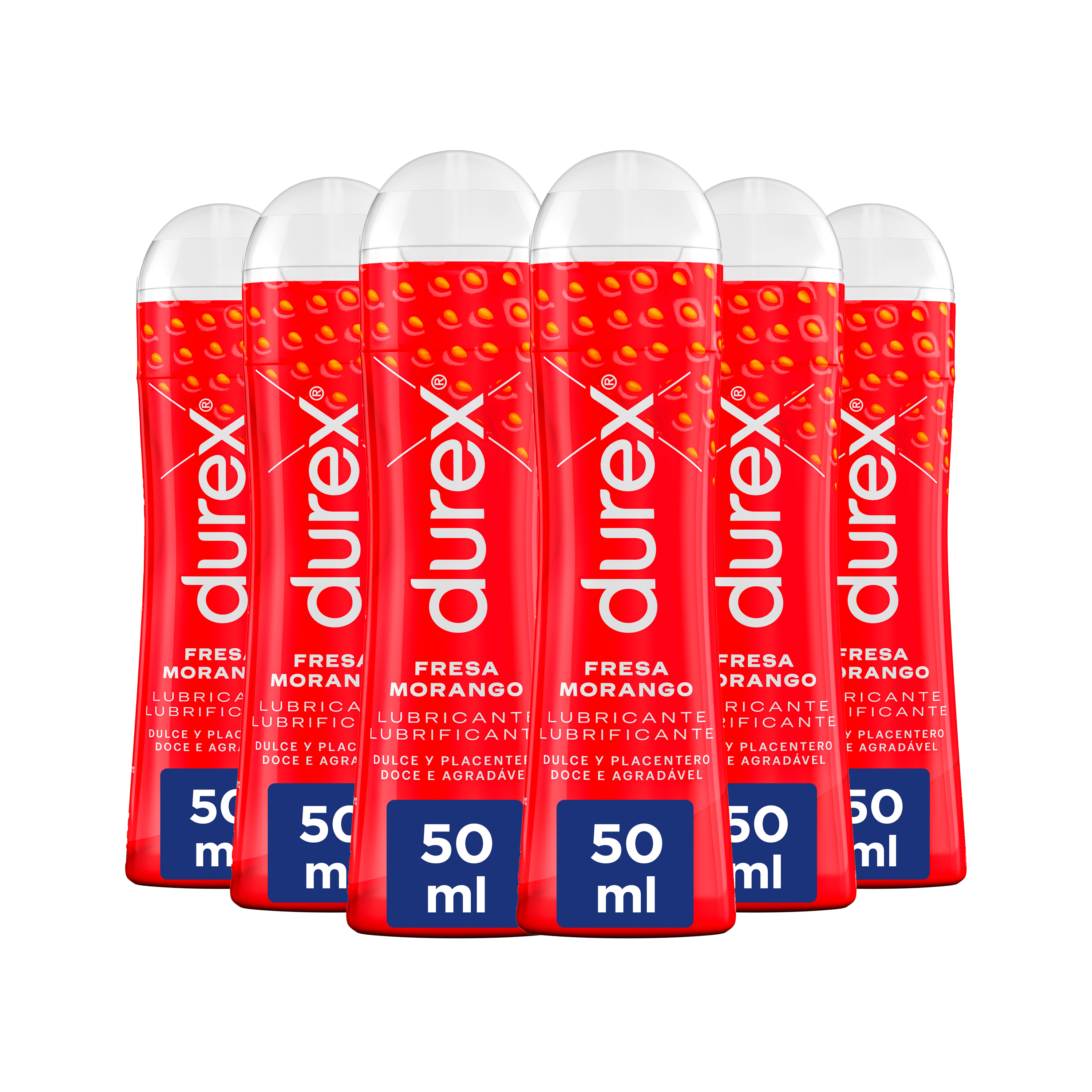 Durex - Lote Set 6x Lubricantes Sabor Fresa 50ml, Dulce y Placentero, Sexo Seguro