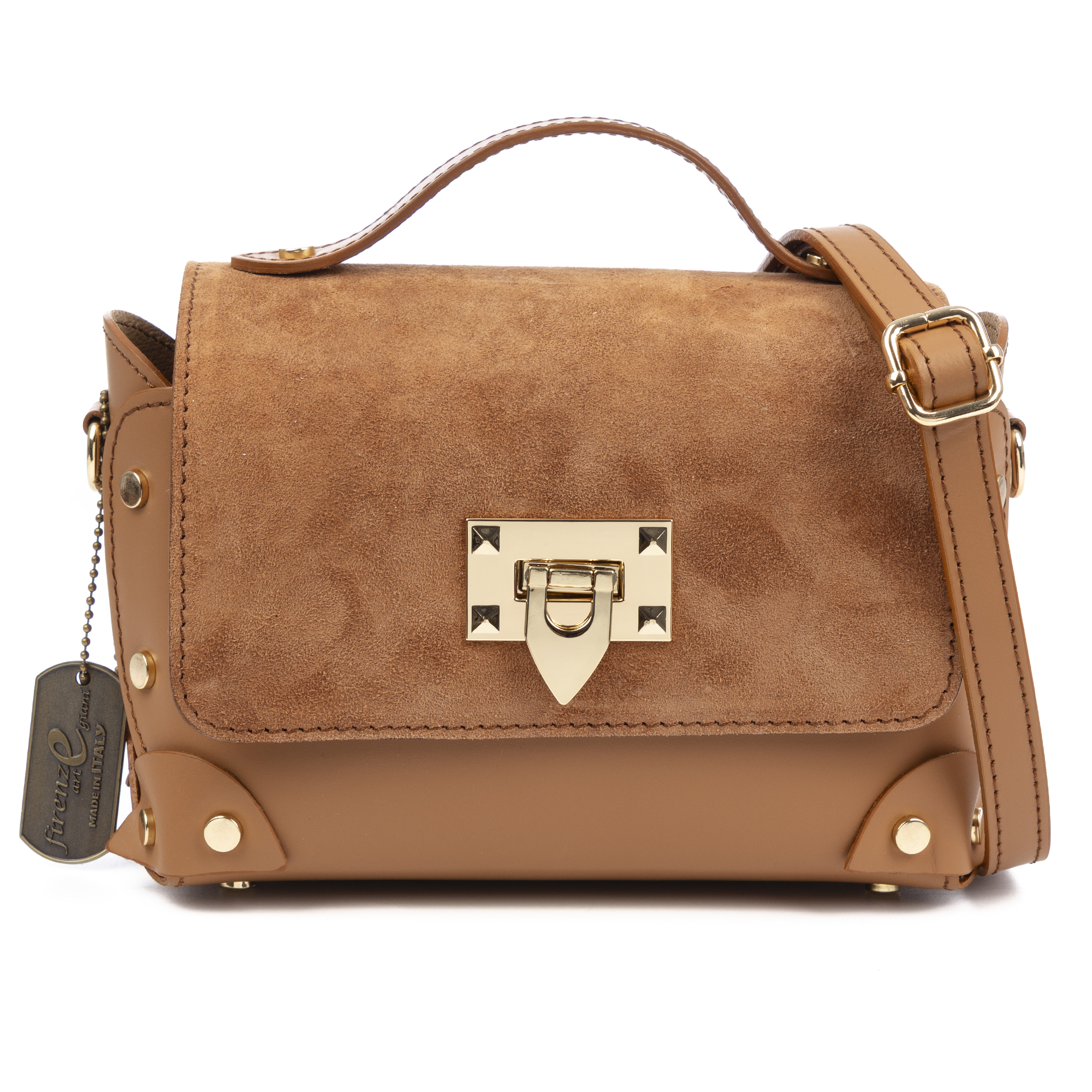 FIRENZE ARTEGIANI Barrali Bolso bandolera Mujer. Piel auténtica Gamuza y Ruga. 22x12x14cm.