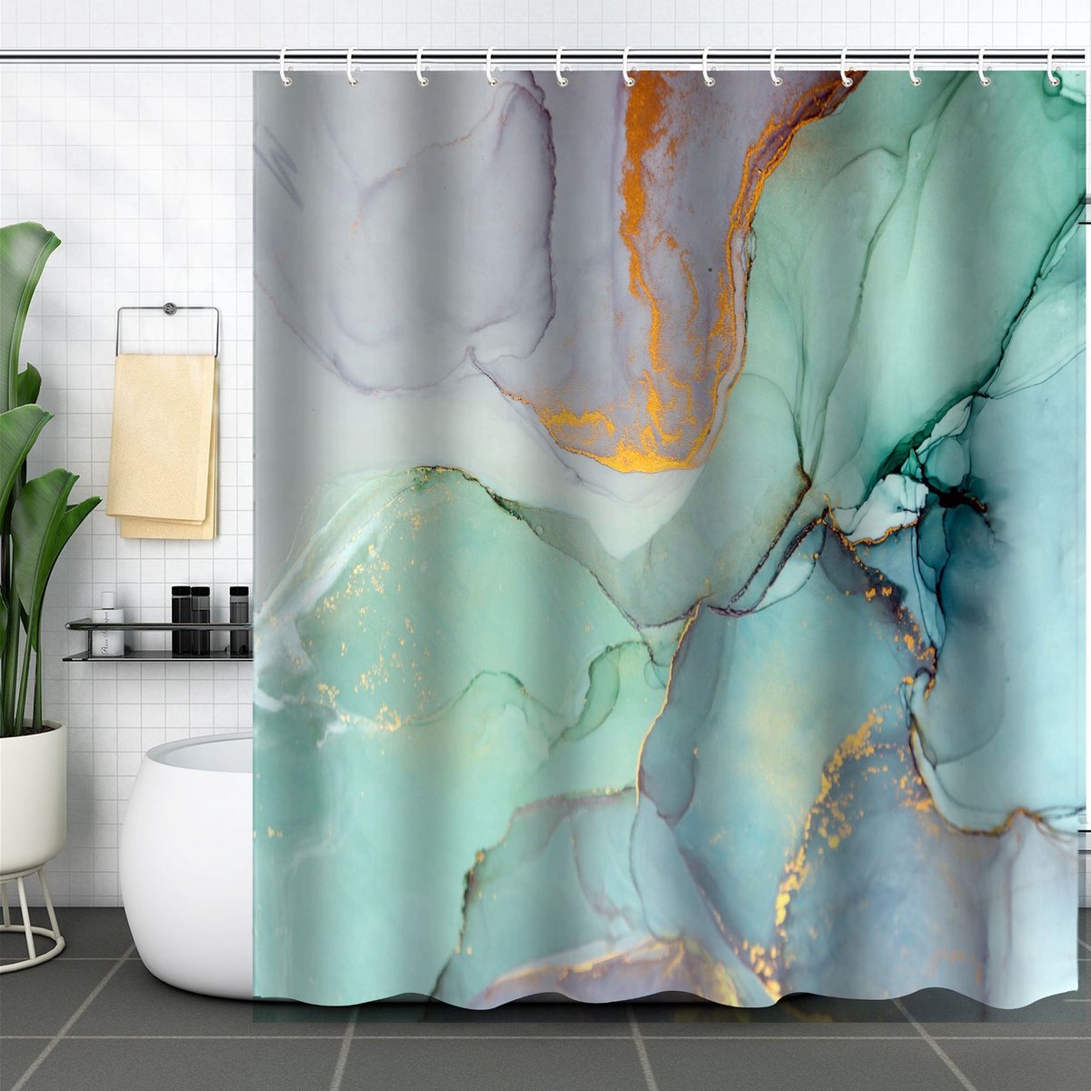 Cortina de ducha - Cortina de ducha antimoho - Cortina de ducha con estampado de mármol de colores - Poliéster lavable - Impermeable - Apta para baño y bañera - 180 x 200 cm - Vegetal