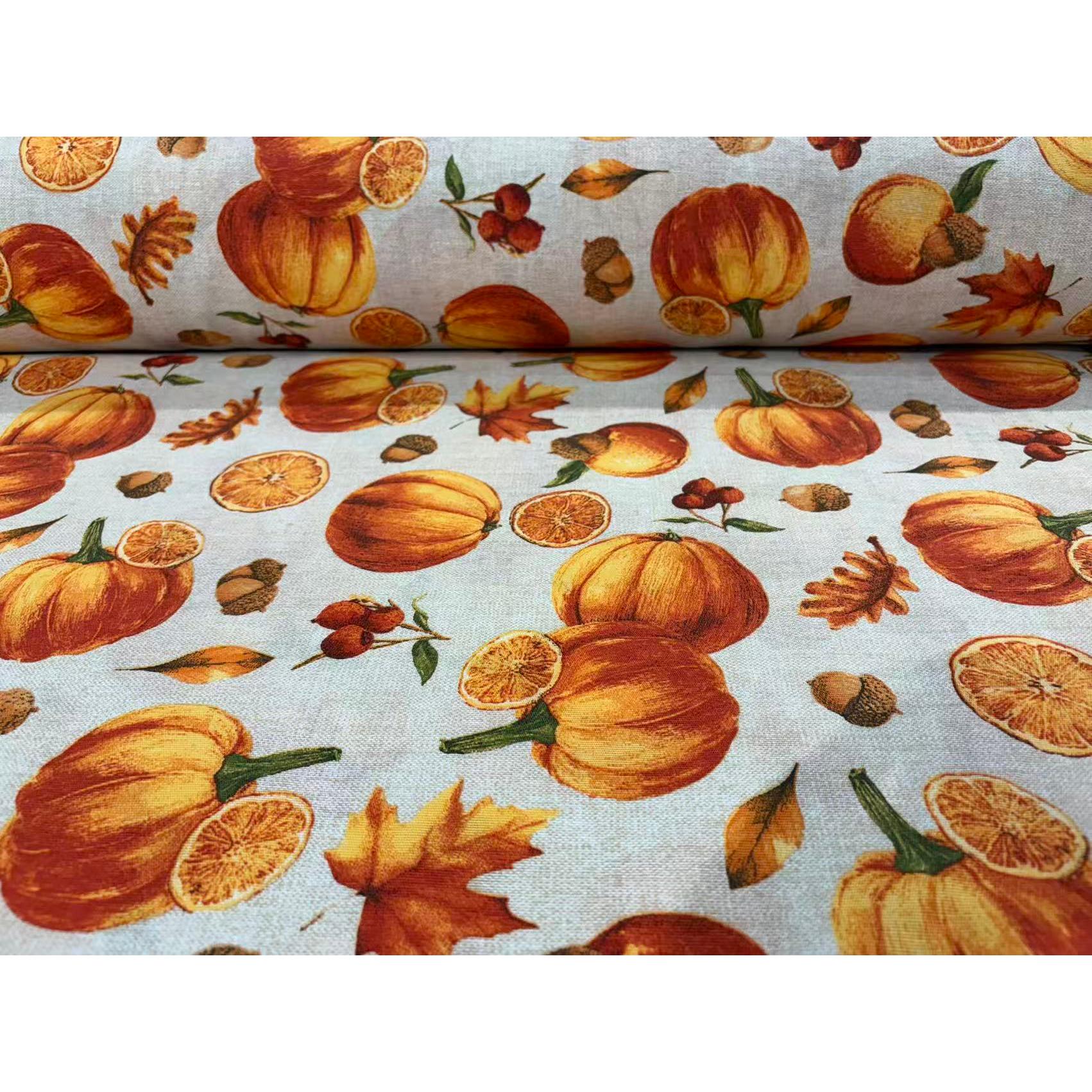 Tela culla y loneta estampada otoño, estampados de calabazas, hojas de arce y setas, tela decorativa para hogar, costura y patchwork