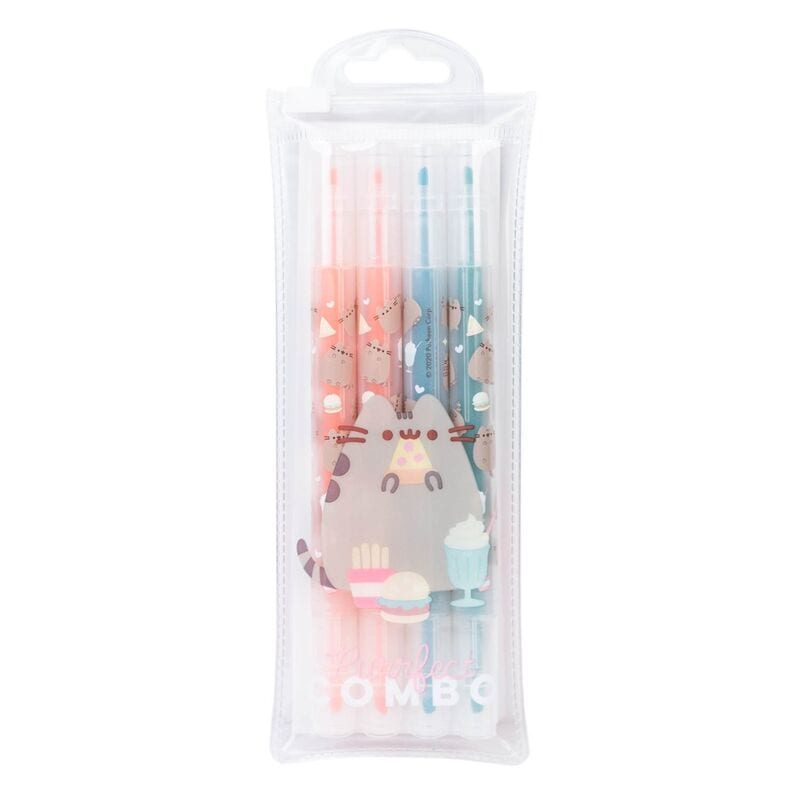 Set de Subrayadores Pusheen Foodie, Pack 4 Tonos Pastel, Doble Punta Fina y Gruesa, Tinta Fluorescente Suave, Incluye Funda de PVC Transparente, para Estudio y Oficina