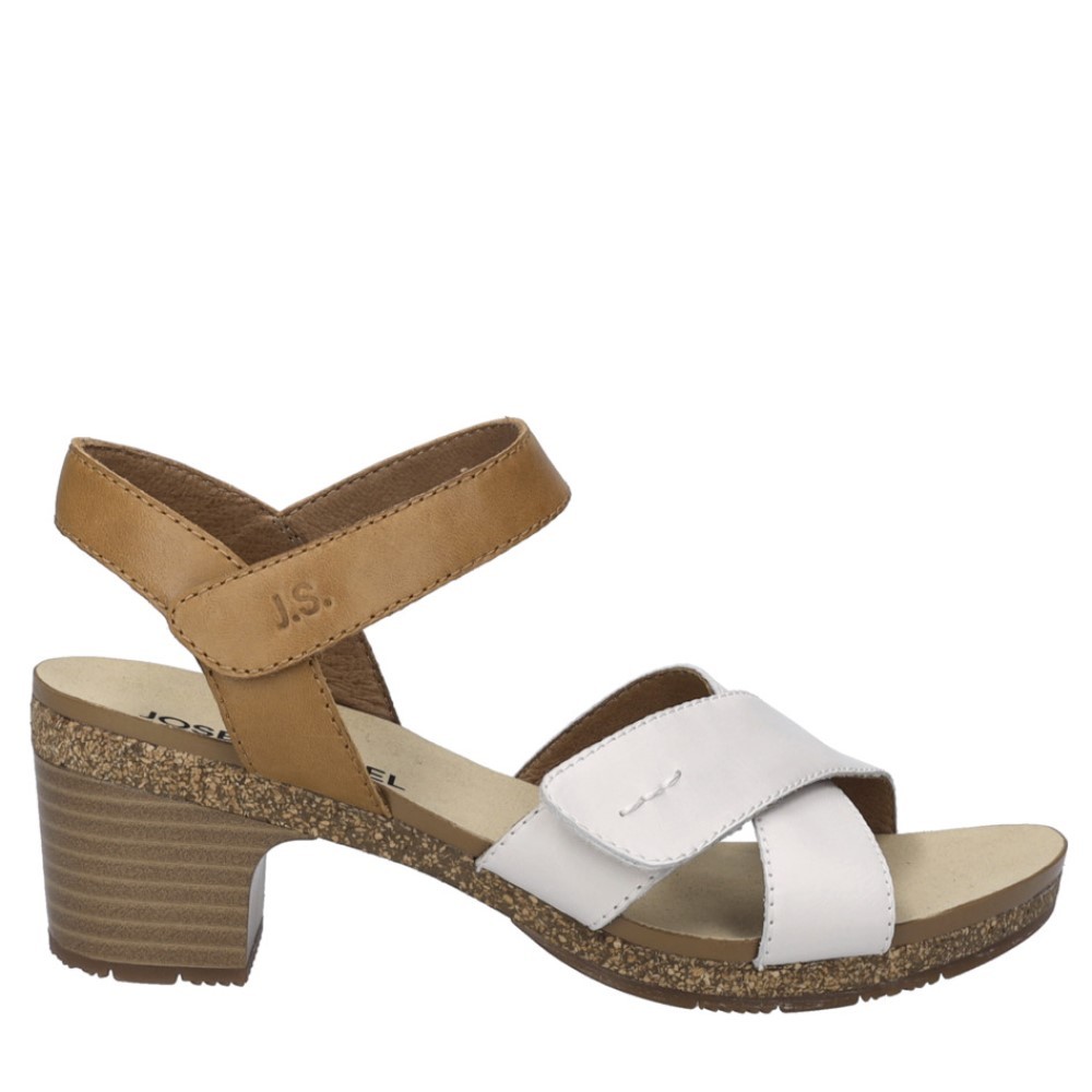 Cómoda  Sandalia mujer con tacón de Josef Seibel GRACE-01 en suave piel blanca y cuero. Ajuste velcro. Planta tipo BIO anatómica en piel. Piso flexible antideslizante. Altura 5 CM Referencia 86401231011