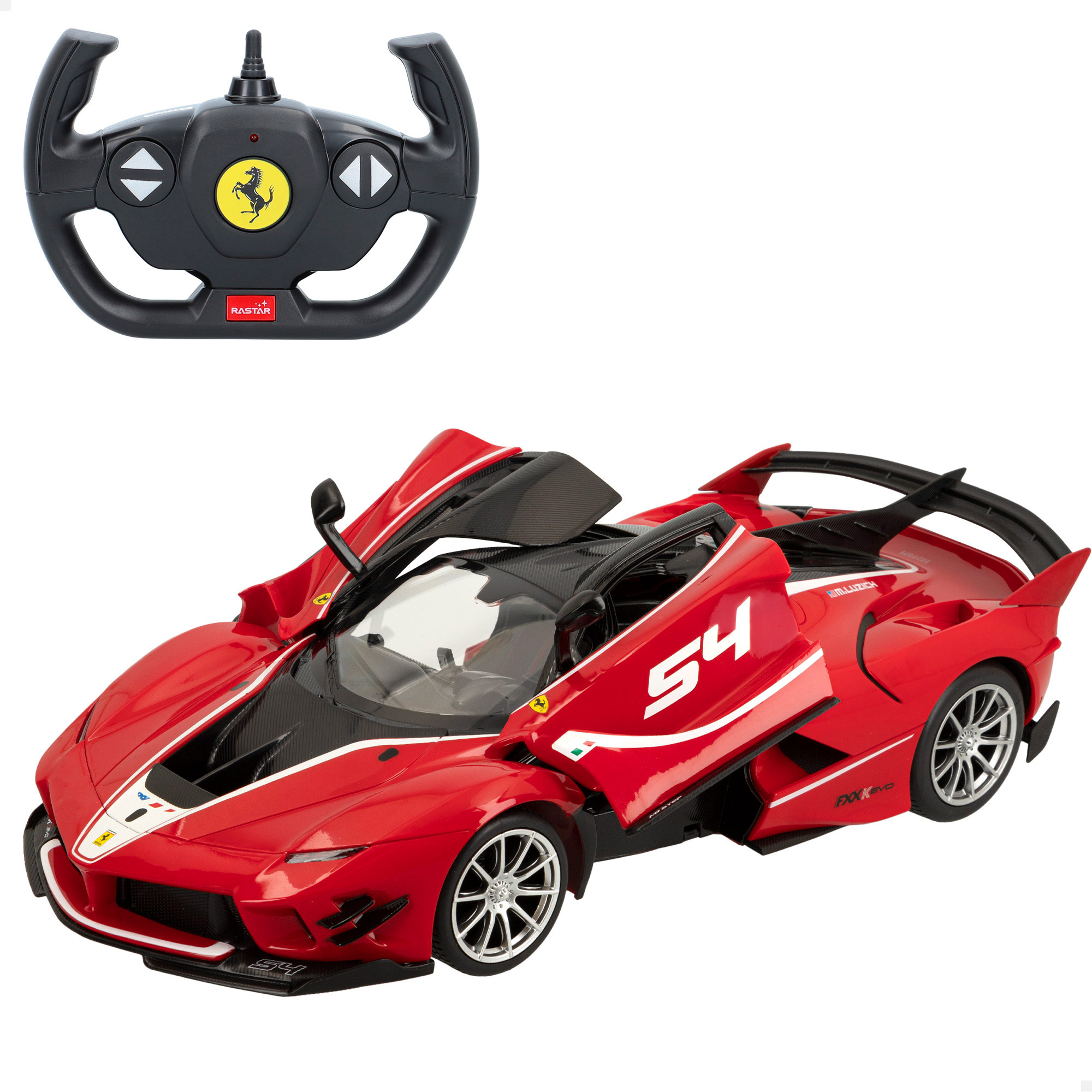 RASTAR - Ferrari FXX K EVO coche RC escala 1:14 con 6 funciones y mando radiocontrol, diseño deportivo con luces delanteras, puertas manuales tipo gaviota y detalles realistas, perfecto para coleccionistas y niños amantes del motor