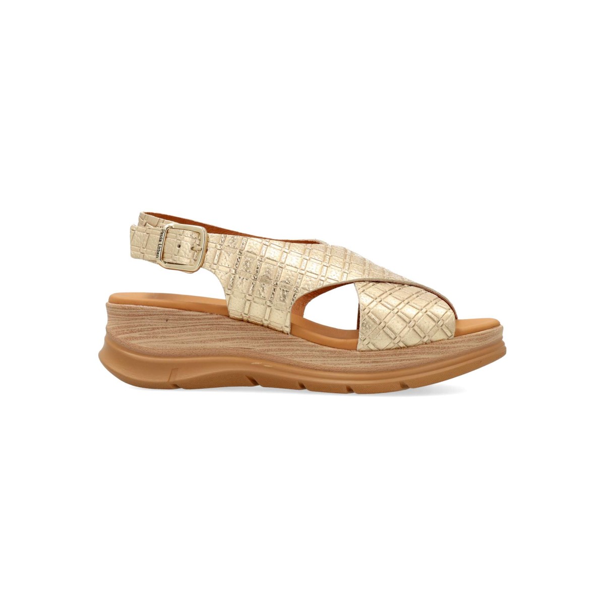 PAULA URBAN - Sandalia de piel metalizada para mujer con hebilla, planta acolchada Flot Up System y suela de poliuretano, cuña 5 cm, color champán