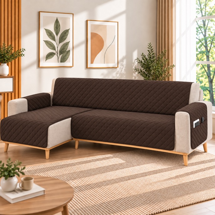 Kynley Protector de Sofá Chaise Longue Acolchado, Funda Cubre Sofá Antideslizante Lavable con Bolsillo, Protector para Mascotas, Chaise Izquierda/Derecha, 2M/2,4M/2,8M