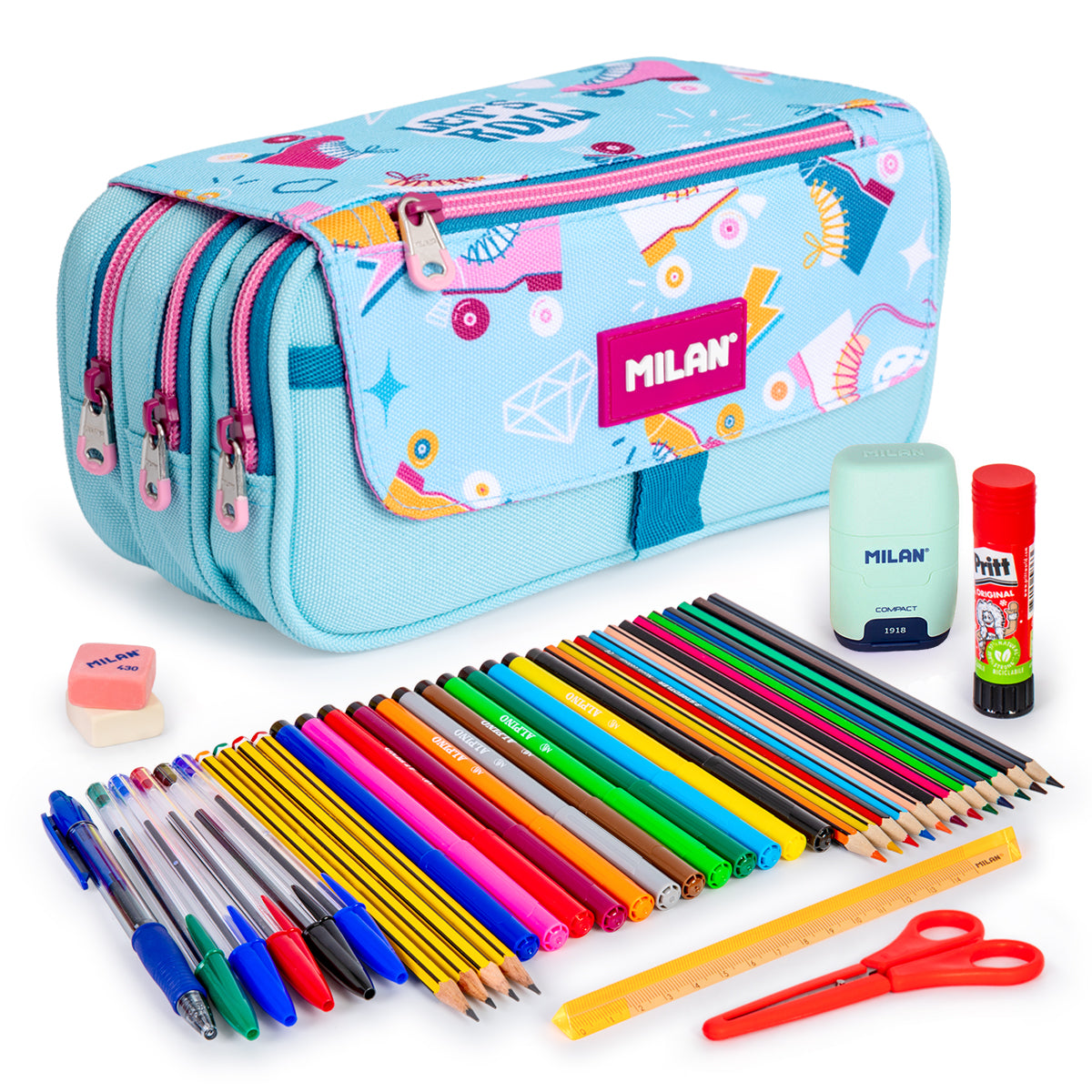 ColePack PRO Milan - Estuche Triple de 3 Cremalleras y Material Escolar Incluido. Roller