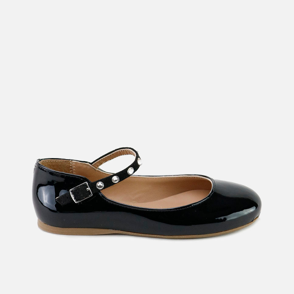 Merceditas correa perlas piel charol negro Papanatas | Eli 1957