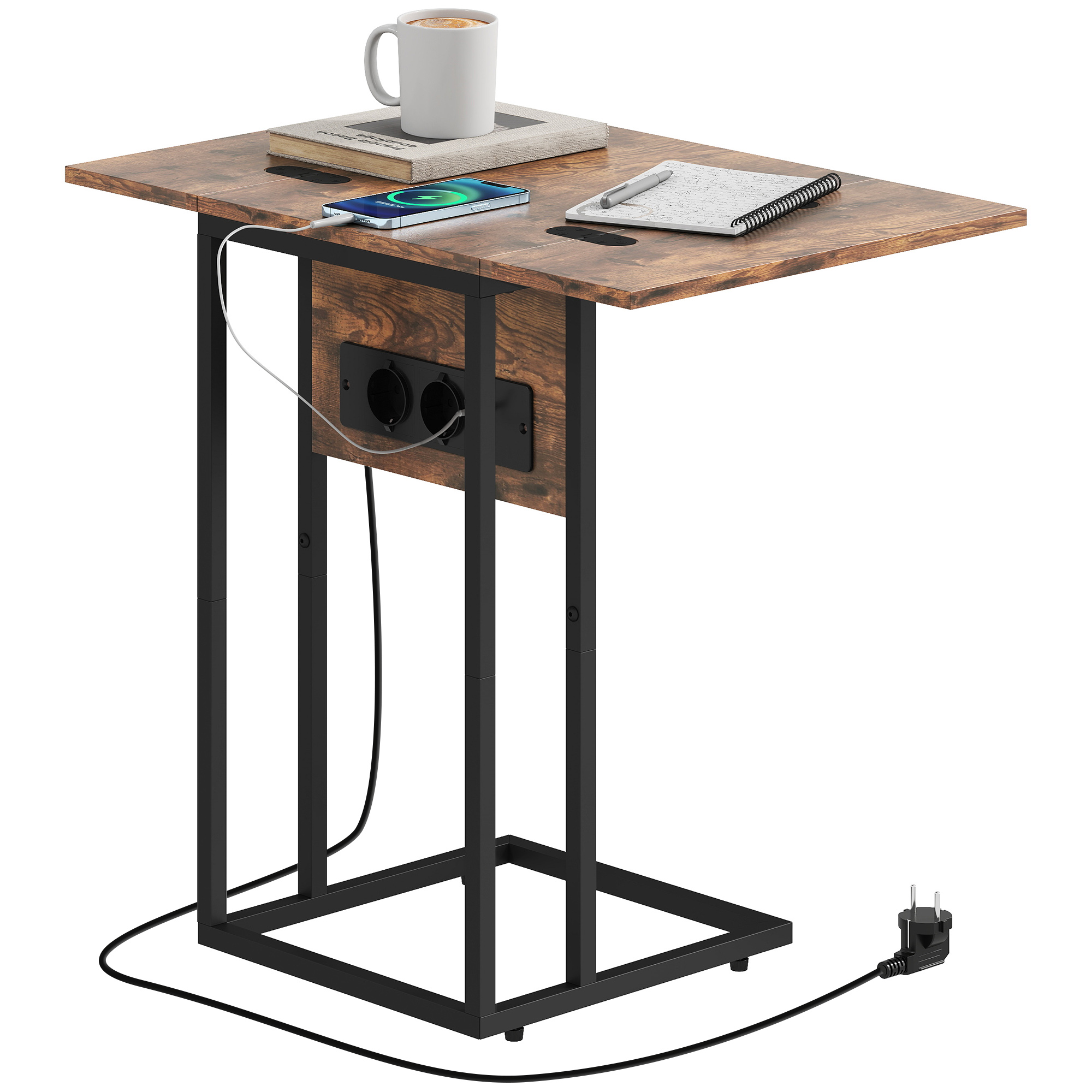 HOMCOM Mesa Auxiliar con Encimera Plegable, Estación de Carga, Mesa Auxiliar para Sofá, Forma de C, con Puerto USB y USB-C, para Salón, Dormitorio, 39x29x57 cm, Marrón Rústico
