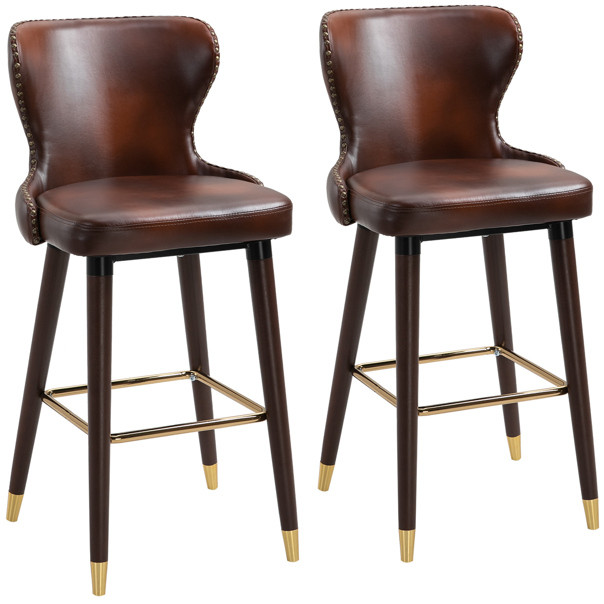 HOMCOM Juego de 2 Taburetes de Bar con Reposapiés, Taburete de Bar con Respaldo, Taburete Bistro, Silla de Comedor, Taburete Alto, Piel Sintética, Marrón, 52 x 53 x 101 cm