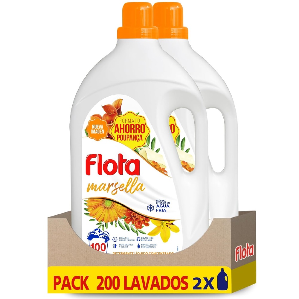 FLOTA MARSELLA 5L Detergente Líquido Concentrado para Lavadora Formato Ahorro Familiar 2x100 Lavados - Quitamanchas Eficaz en Agua Fría y en Lavados Cortos, Ropa Blanca y de Color, Fragancia Exclusiva y Duradera a Jabón de Marsella