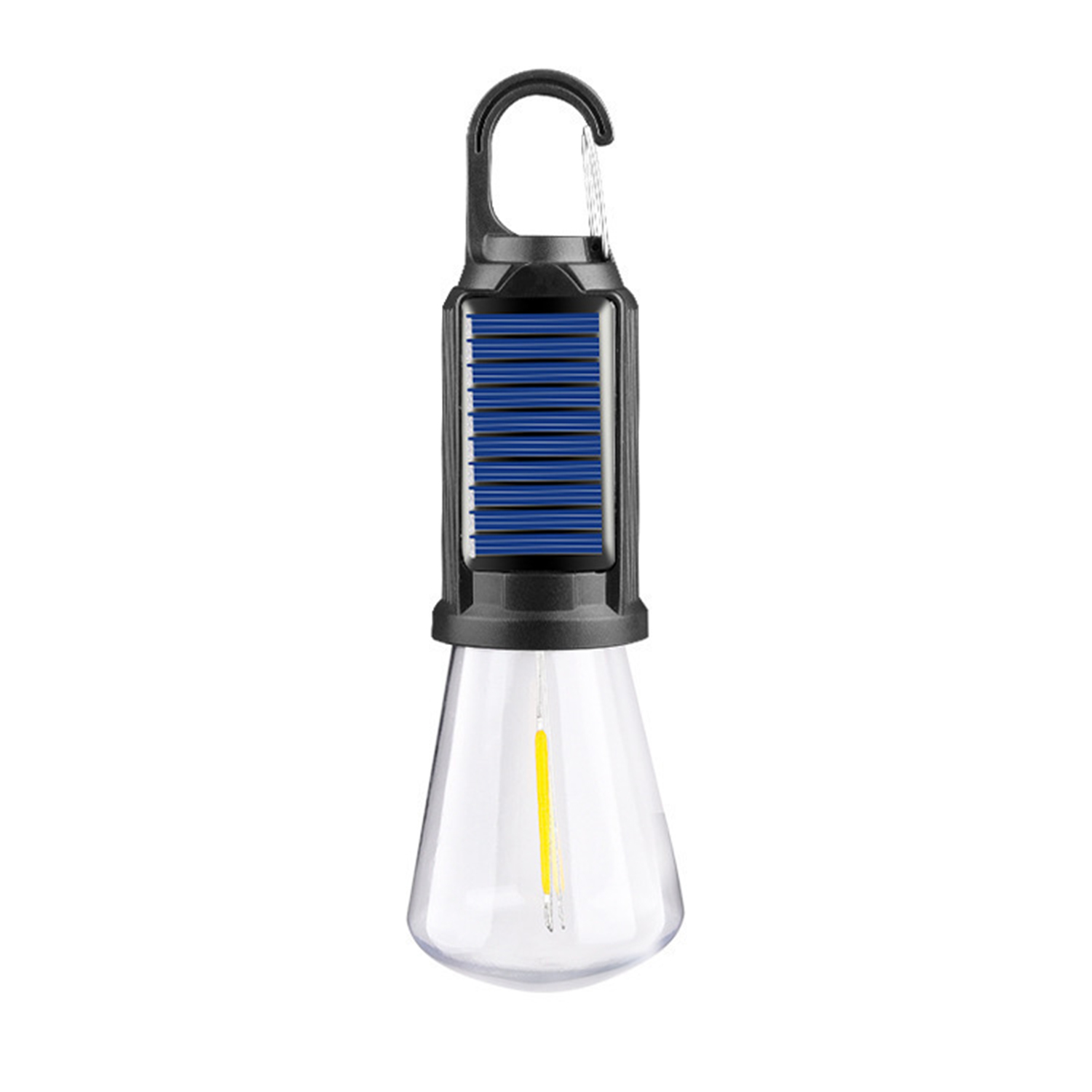 DAM Bombilla LED T02 con carga solar, con gancho para colgar, batería recargable de 400mAh, 5W y luz templada hasta 12 horas de duración, resistente a la lluvia. 6x6x16,5 Cm. Color: Negro