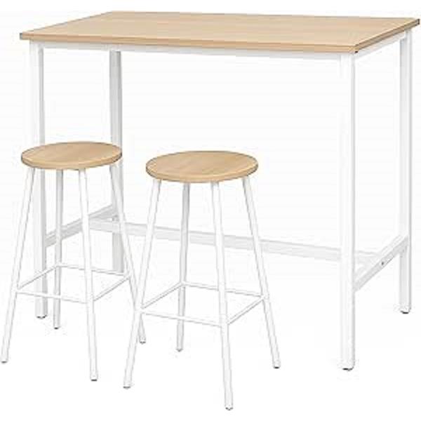 LINHOME XZ-22116-2 Mesa Alta de Bar con 2 Taburetes, 108x48x91cm, Tablero Color Natural, Estructura Blanca, Set de 3 Piezas (Blanco)