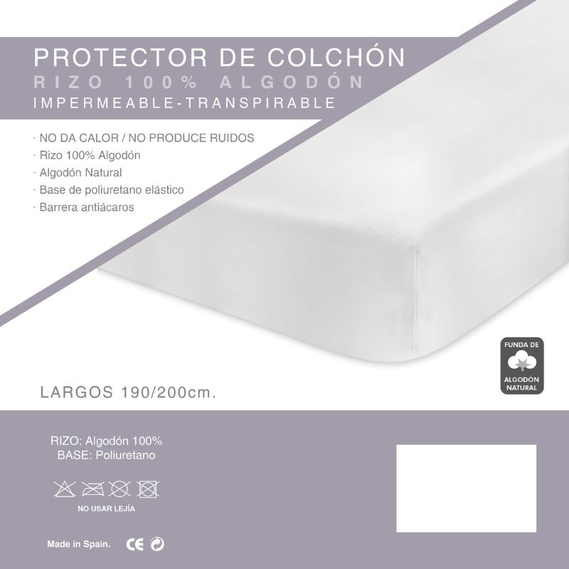 Protector de Colchón Impermeable rizo PU, Color Blanco, 100% Algodón, Vidal Home